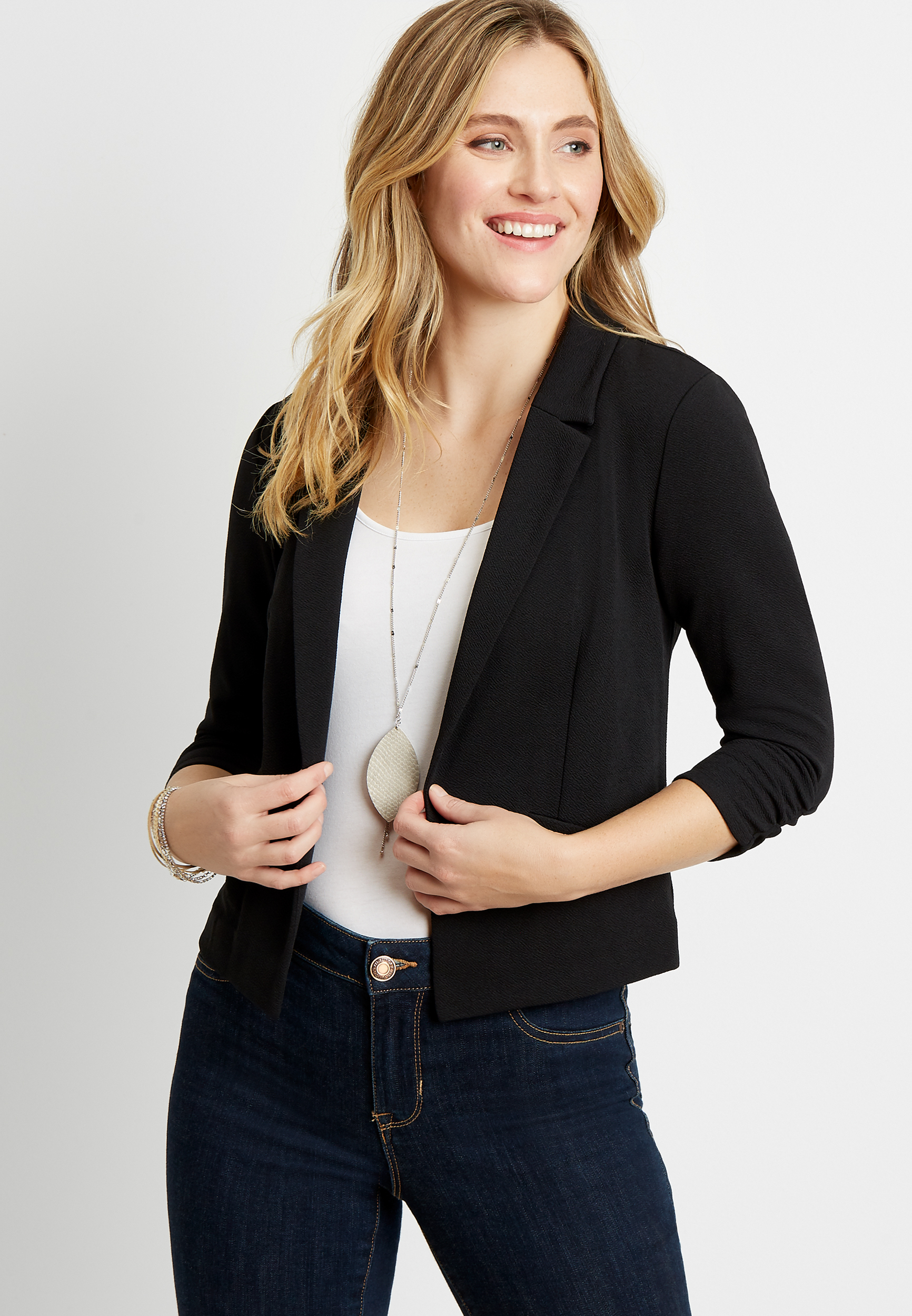 Black 3/4 Cinched Sleeve Open Front Blazer | maurices