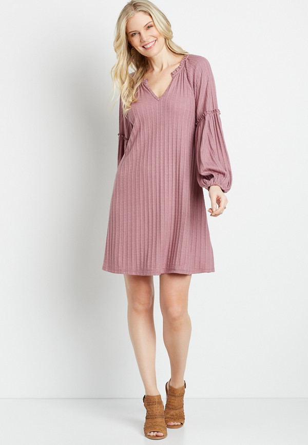 Pink Ribbed Blouson Sleeve Shift Dress | maurices
