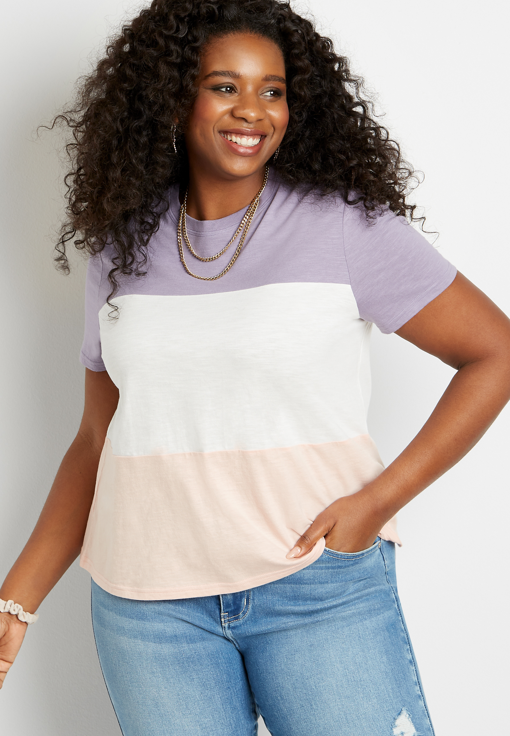 Plus Size 24/7 Purple Colorblock Crew Neck Cropped Tee | maurices