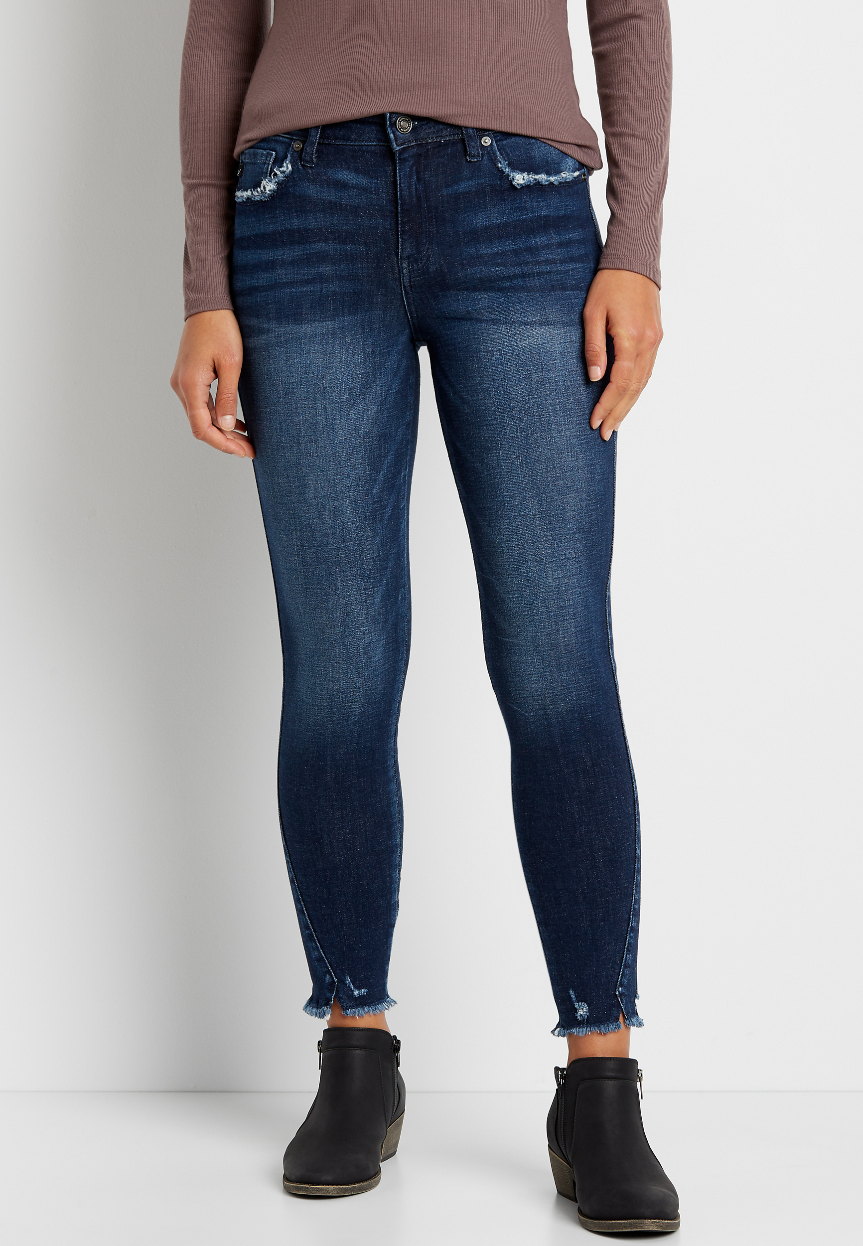 Image of Maurices Womens Kancan&trade; Super Dark Wash Curve Destructed Hem Skinny Ankle Jeans Blue