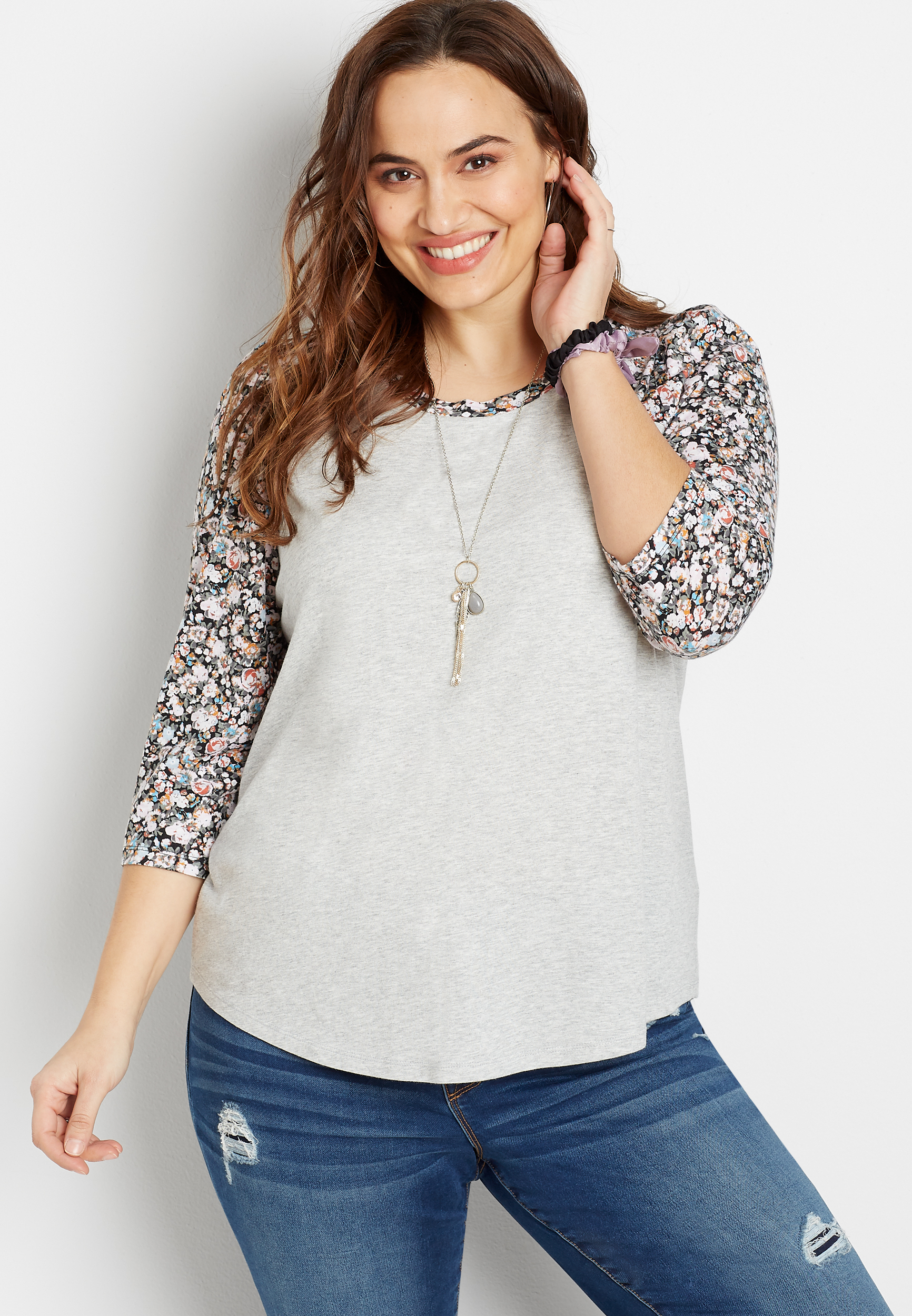 Plus Size 24/7 Gray Floral Puff Sleeve Baseball Tee maurices