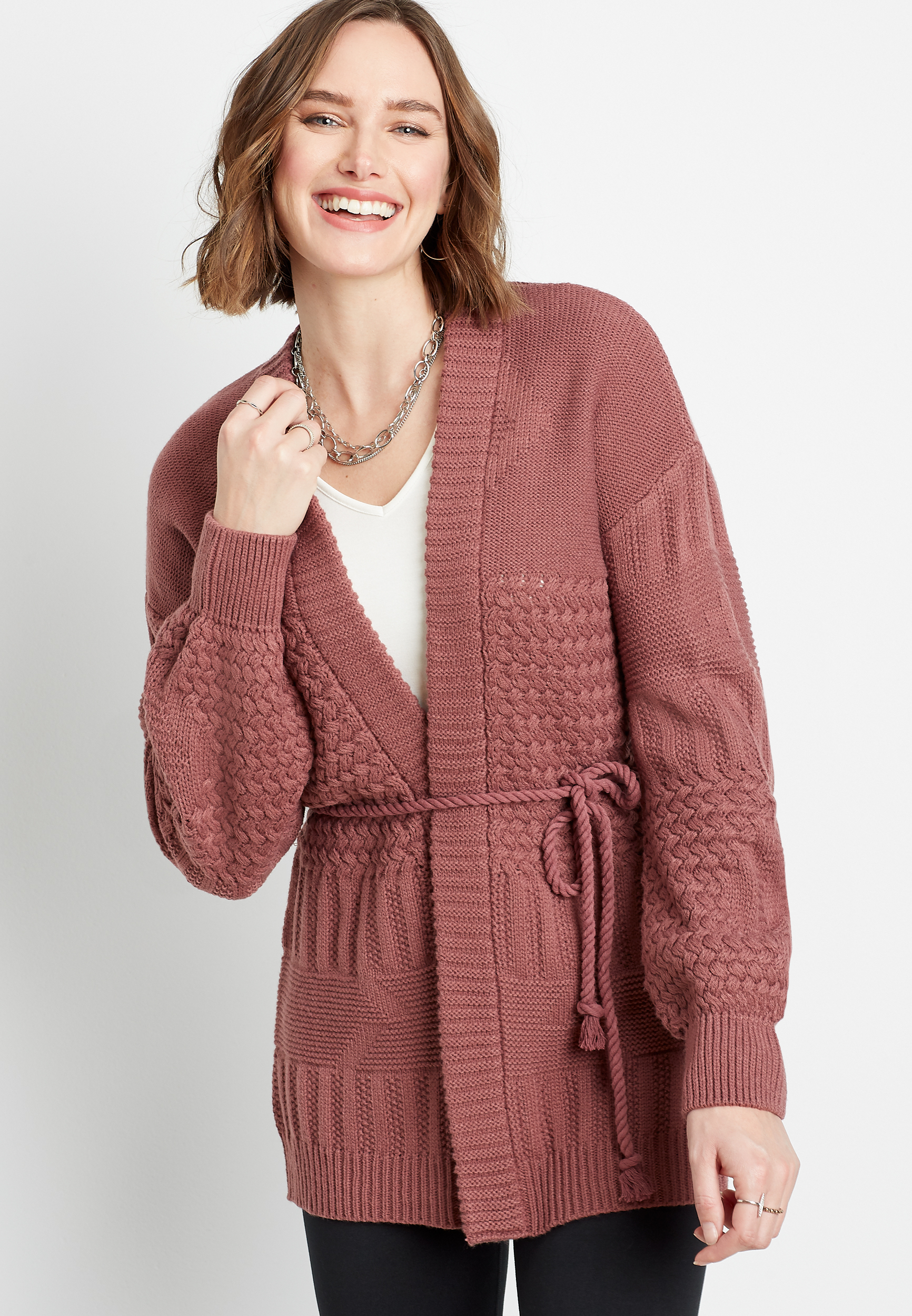 Mauve Blouson Sleeve Belted Cardigan | maurices
