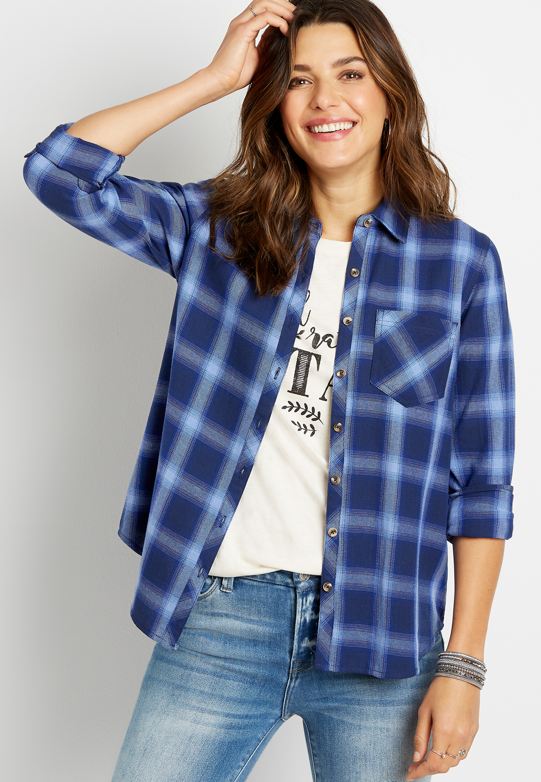 Blue Plaid Button Down Long Sleeve Flannel Shirt | maurices