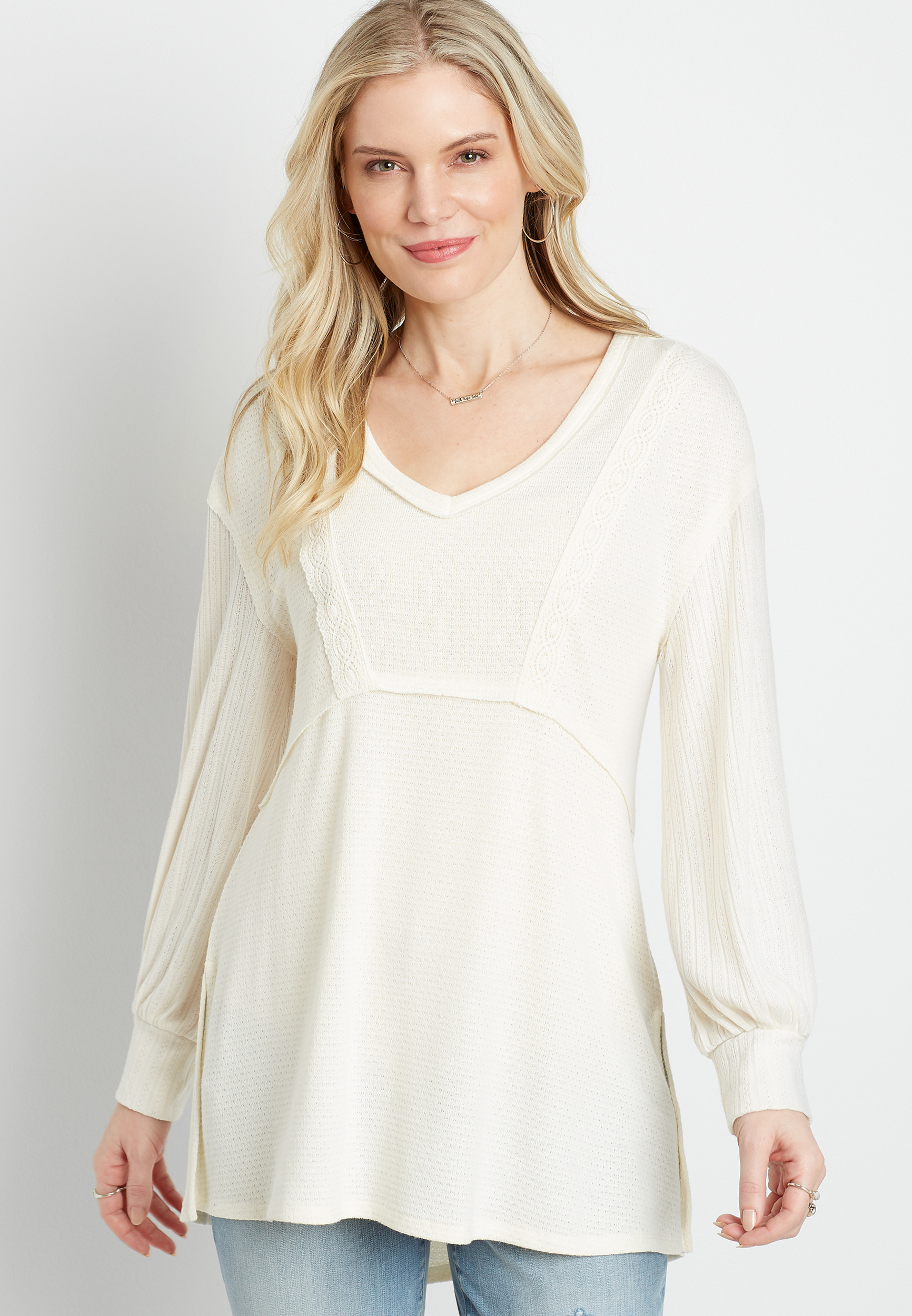 Solid Crochet Trim Blouson Sleeve Tunic Top | maurices