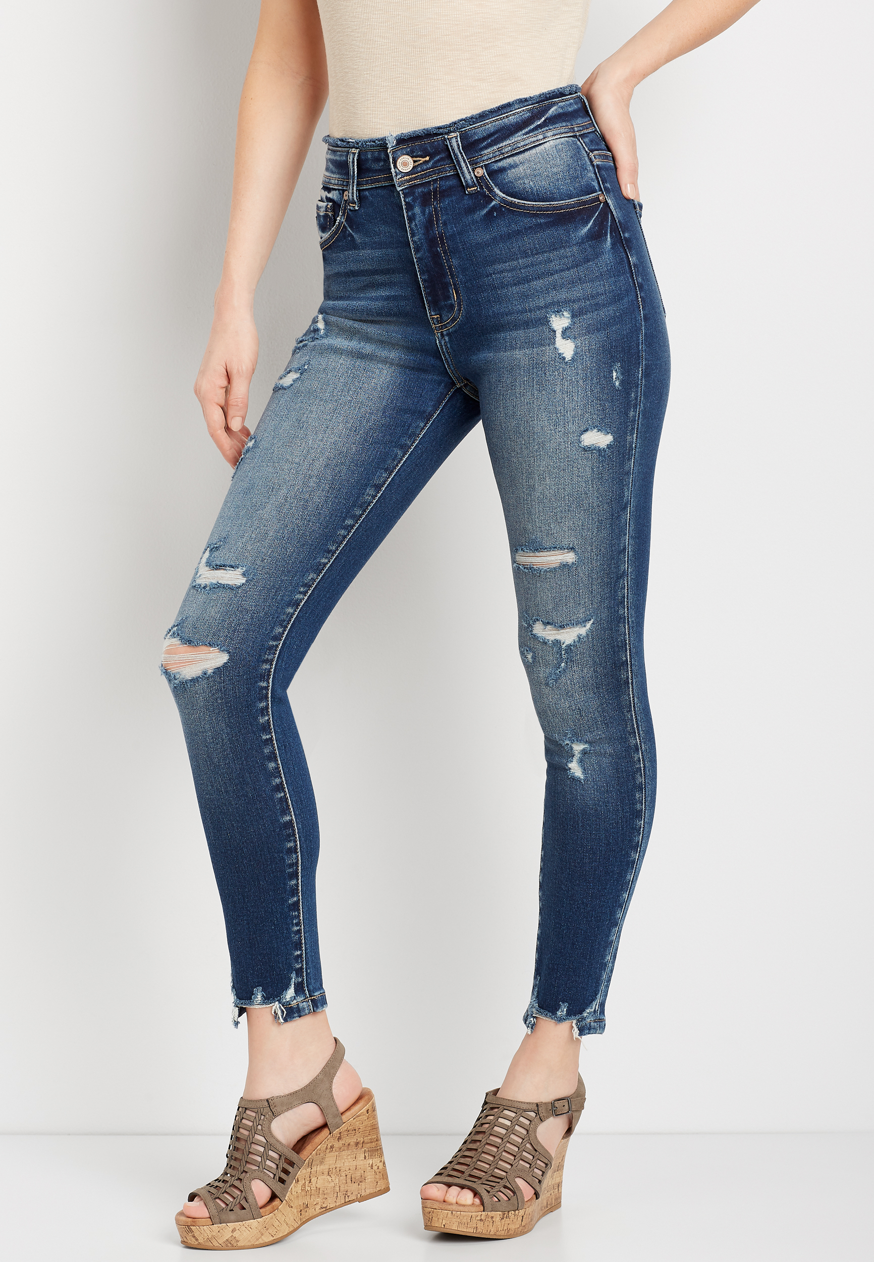 KanCan™ High Rise Dark Ripped Frayed Waist Skinny Jean | maurices