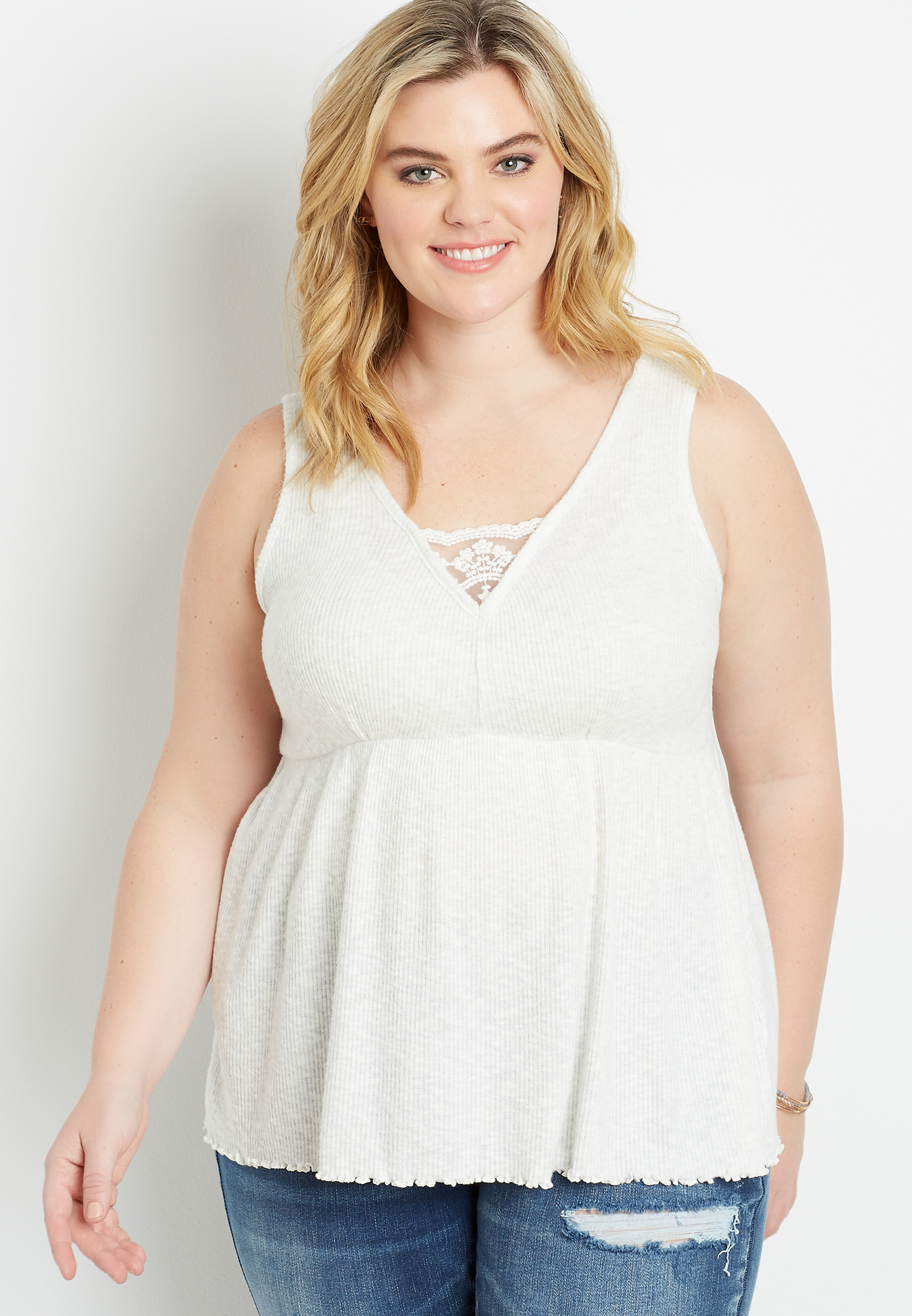 Plus Size White Lace Trim Babydoll Tank Top maurices