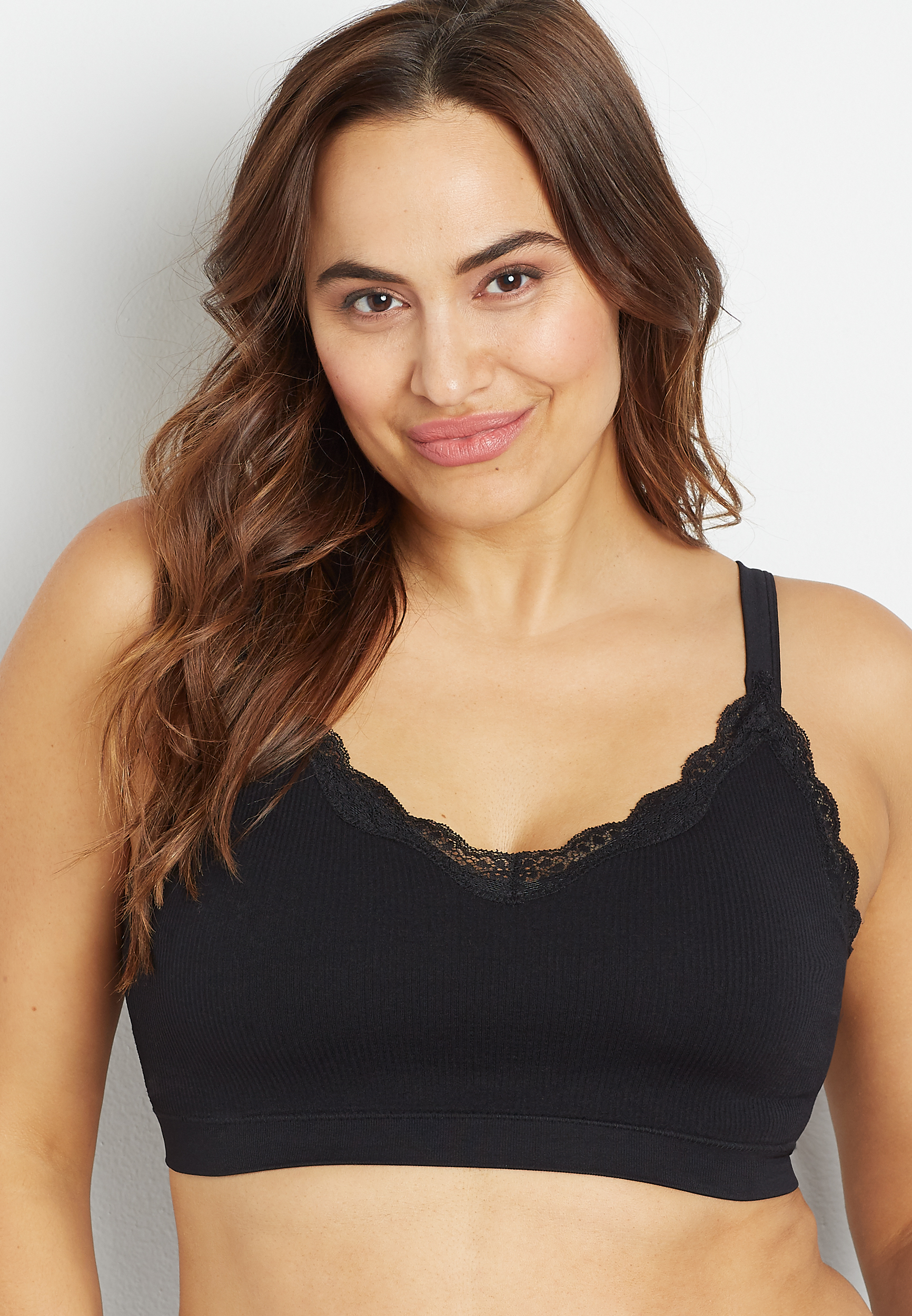 Plus Size Black Ribbed Lace V Neck Seamless Bralette