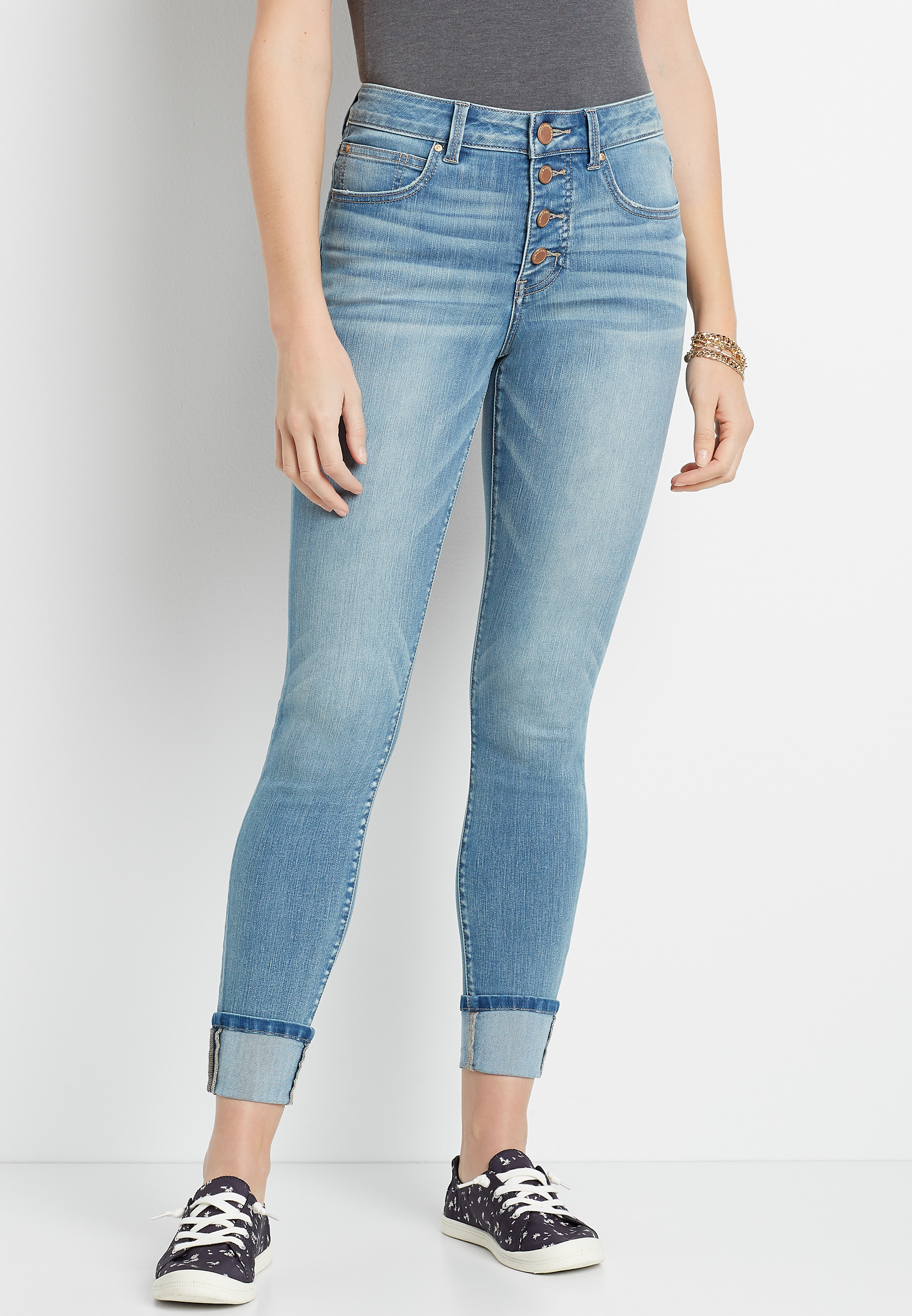 Everflex™ High Rise Medium Button Fly Cuffed Stretch Super Skinny Jean - alternate image