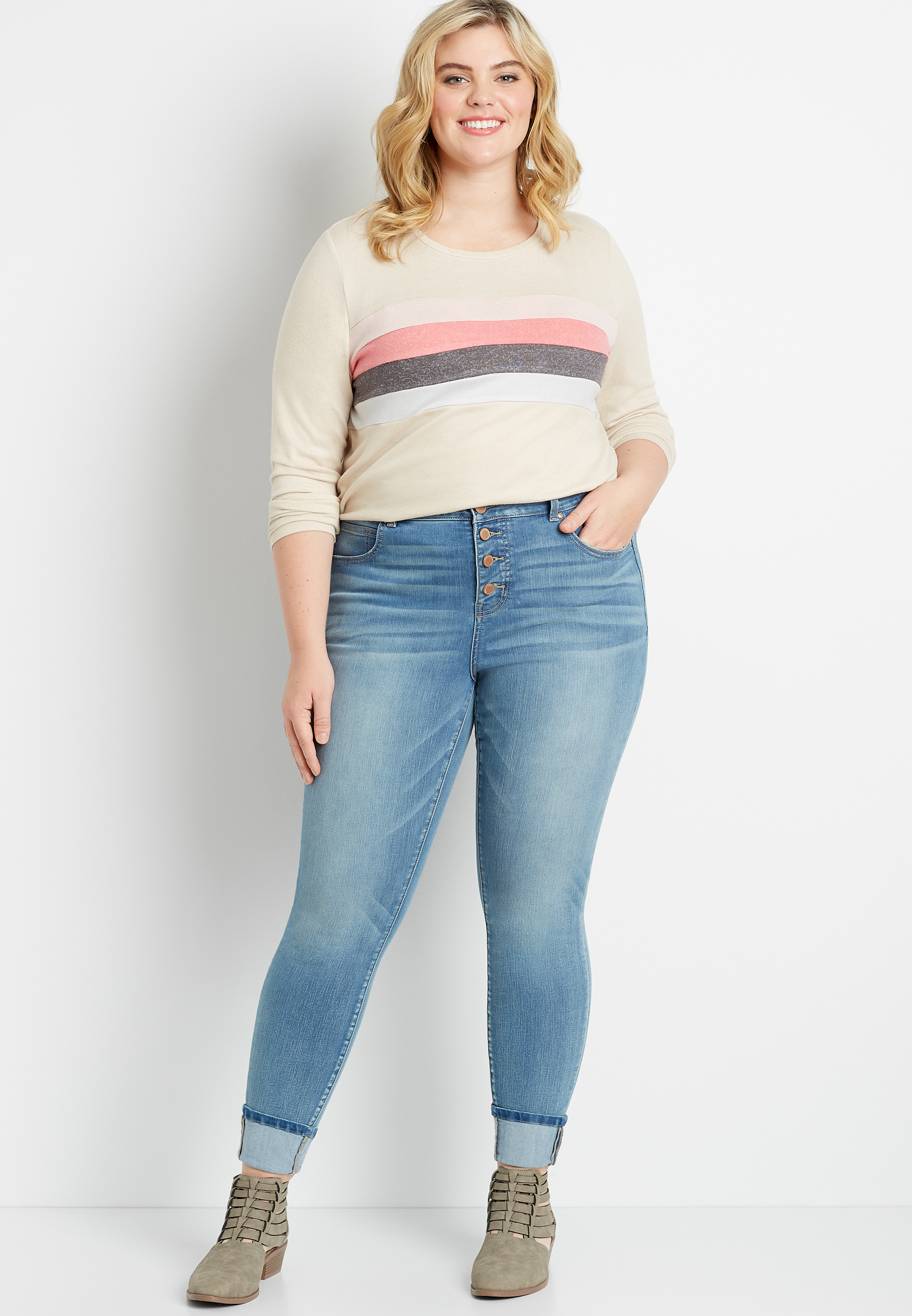 Image of Maurices Plus Size Jeans Womens Everflex&trade; High Rise Medium Button Fly Cuffed Stretch Super Skinny Jeans Blue