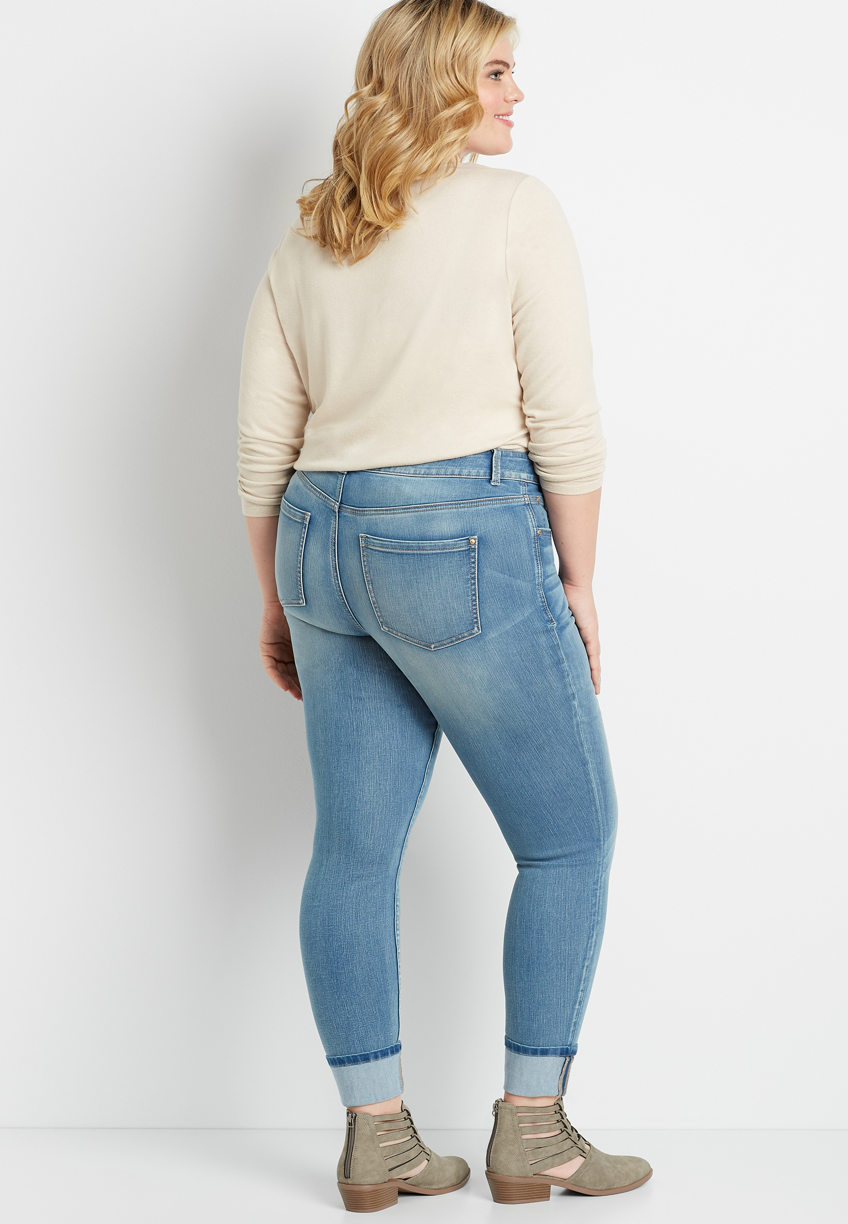 Plus Size Everflex™ High Rise Medium Button Fly Cuffed Stretch Super Skinny Jean - alternate image