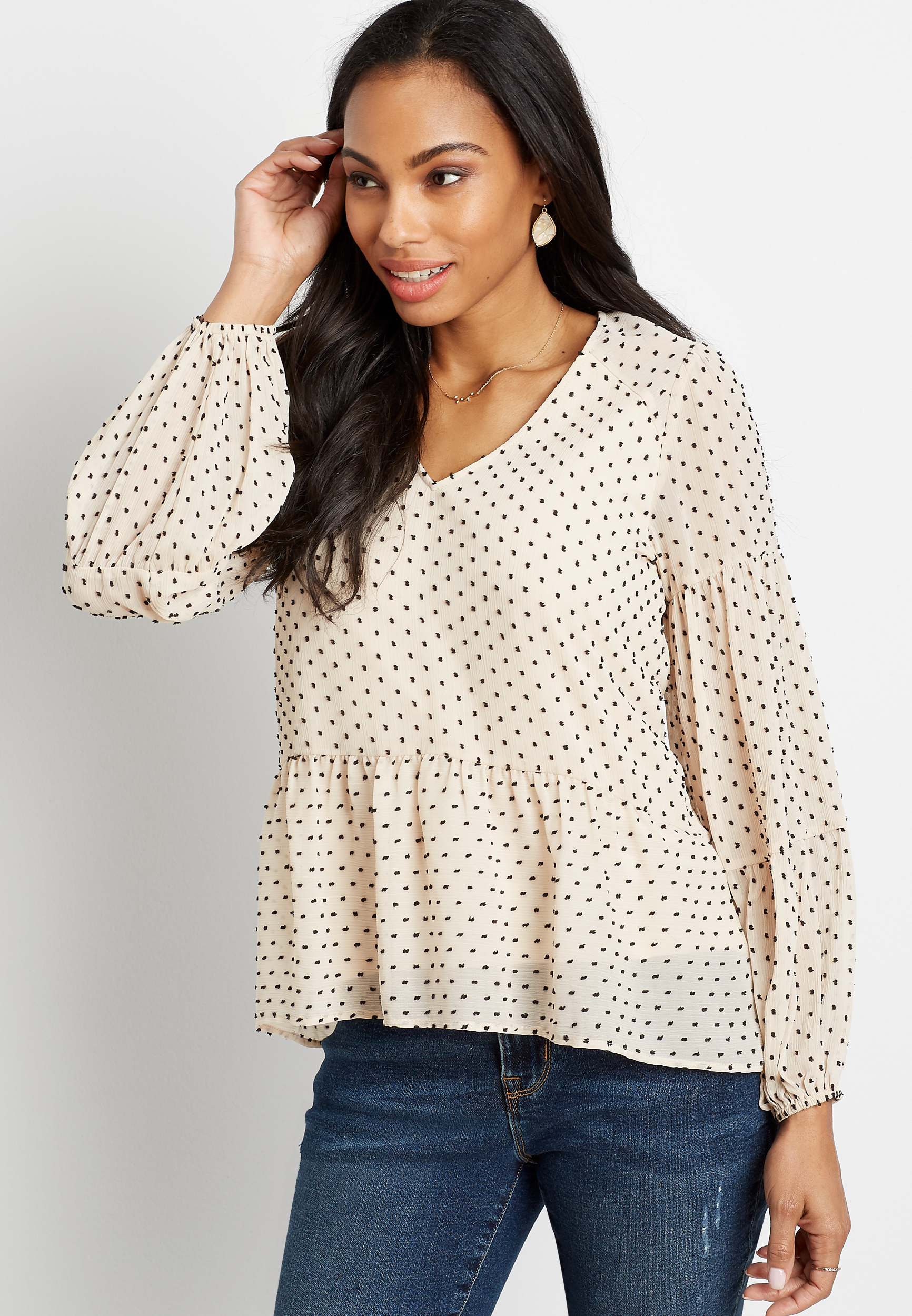 White Swiss Dot Long Sleeve Babydoll Top | maurices
