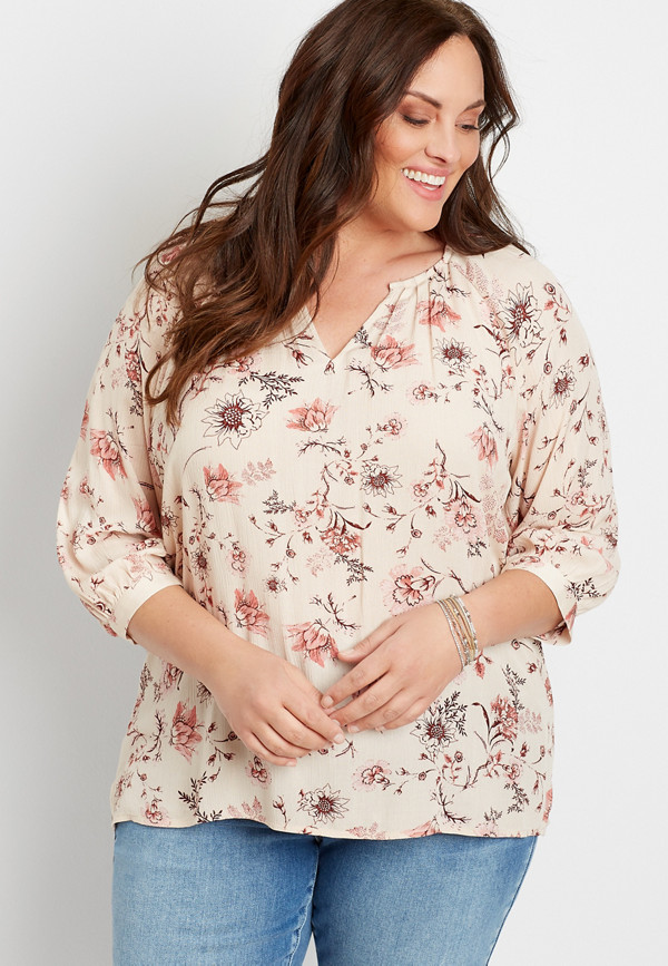 Plus Size Floral 3/4 Sleeve Peasant Top | maurices