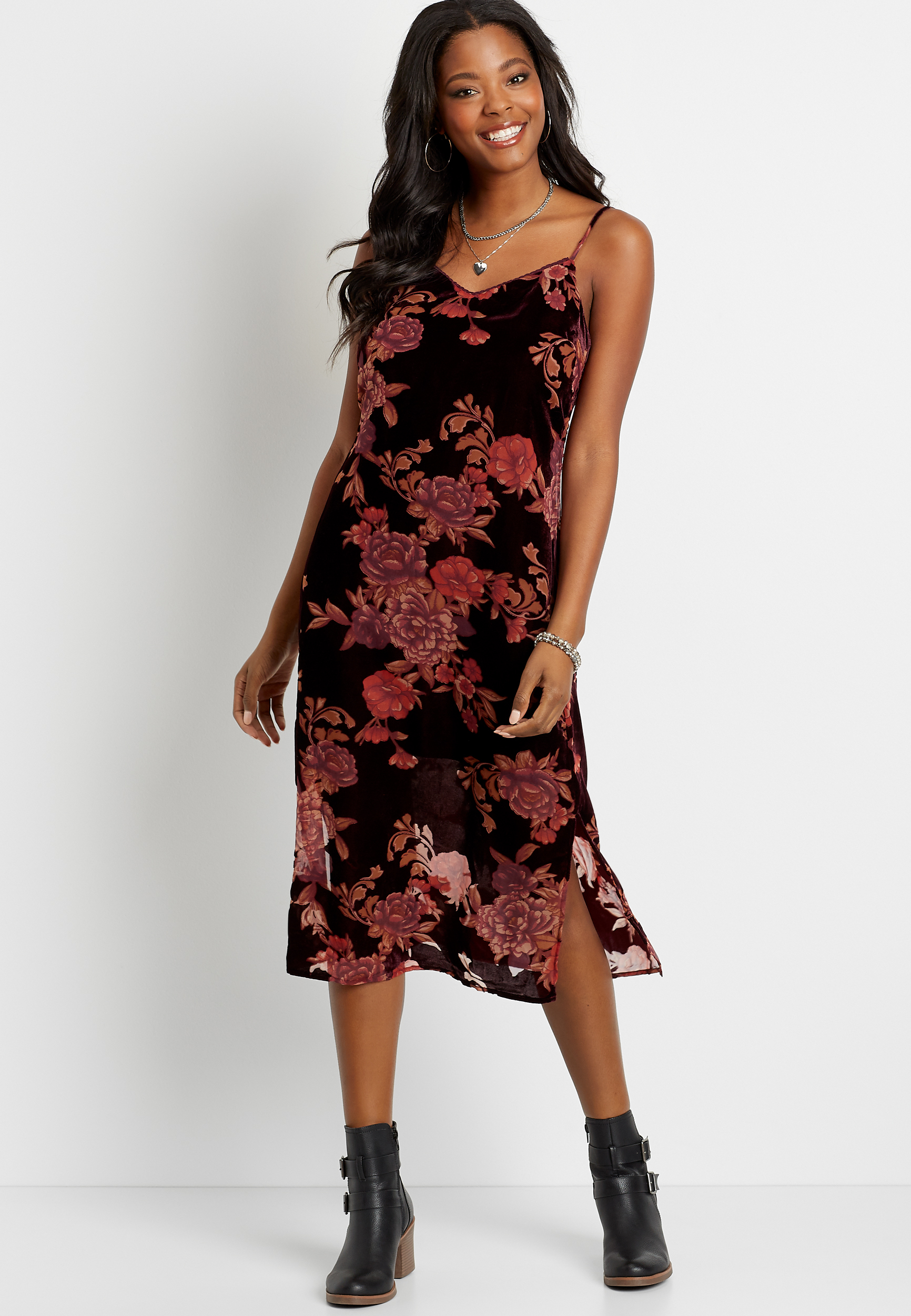 Chance & Destiny™ Black Velvet Floral Midi Dress | maurices