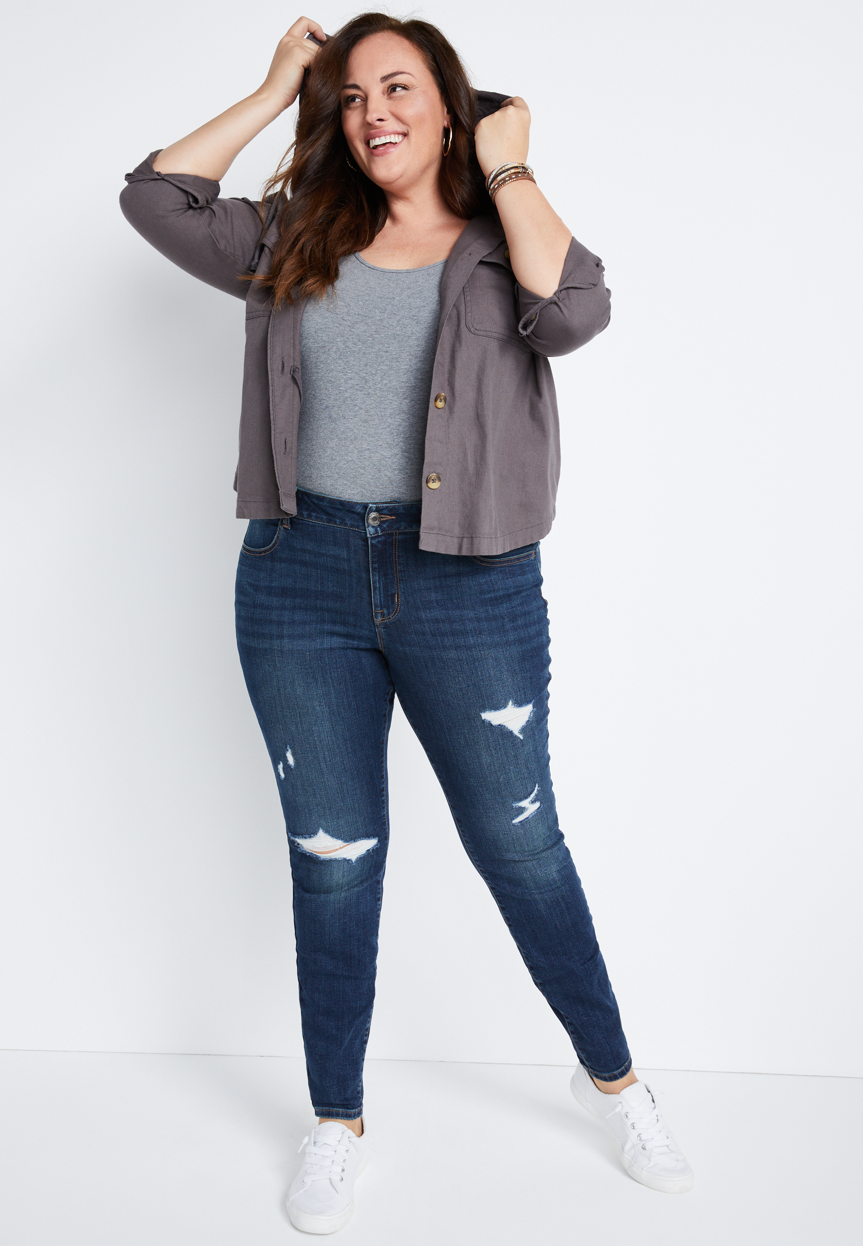 Plus Size DenimFlex&trade; Super Dark Wash Destructed Jegging, C258, large