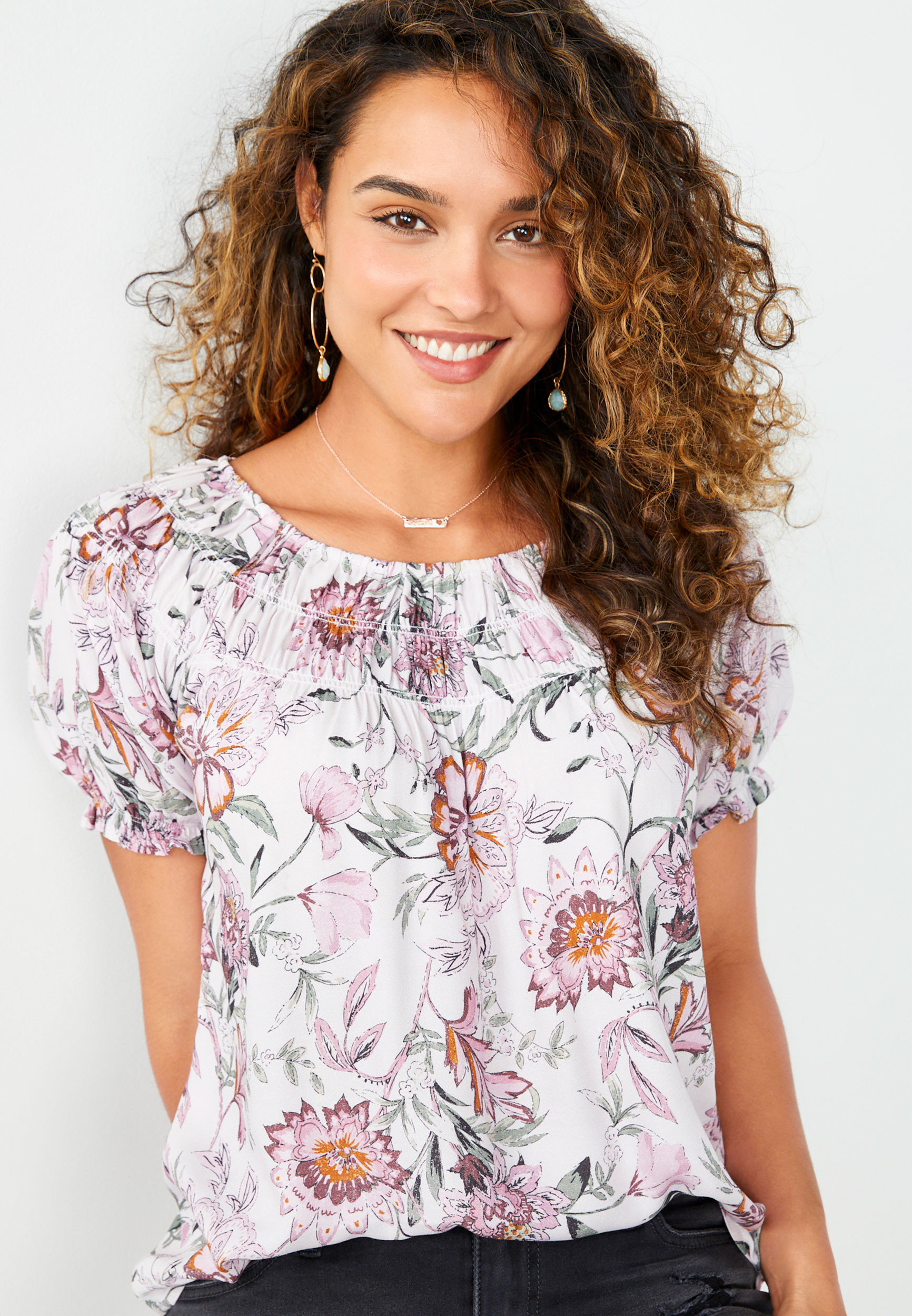 Blue Floral Puff Sleeve Smocked Neck Top | maurices