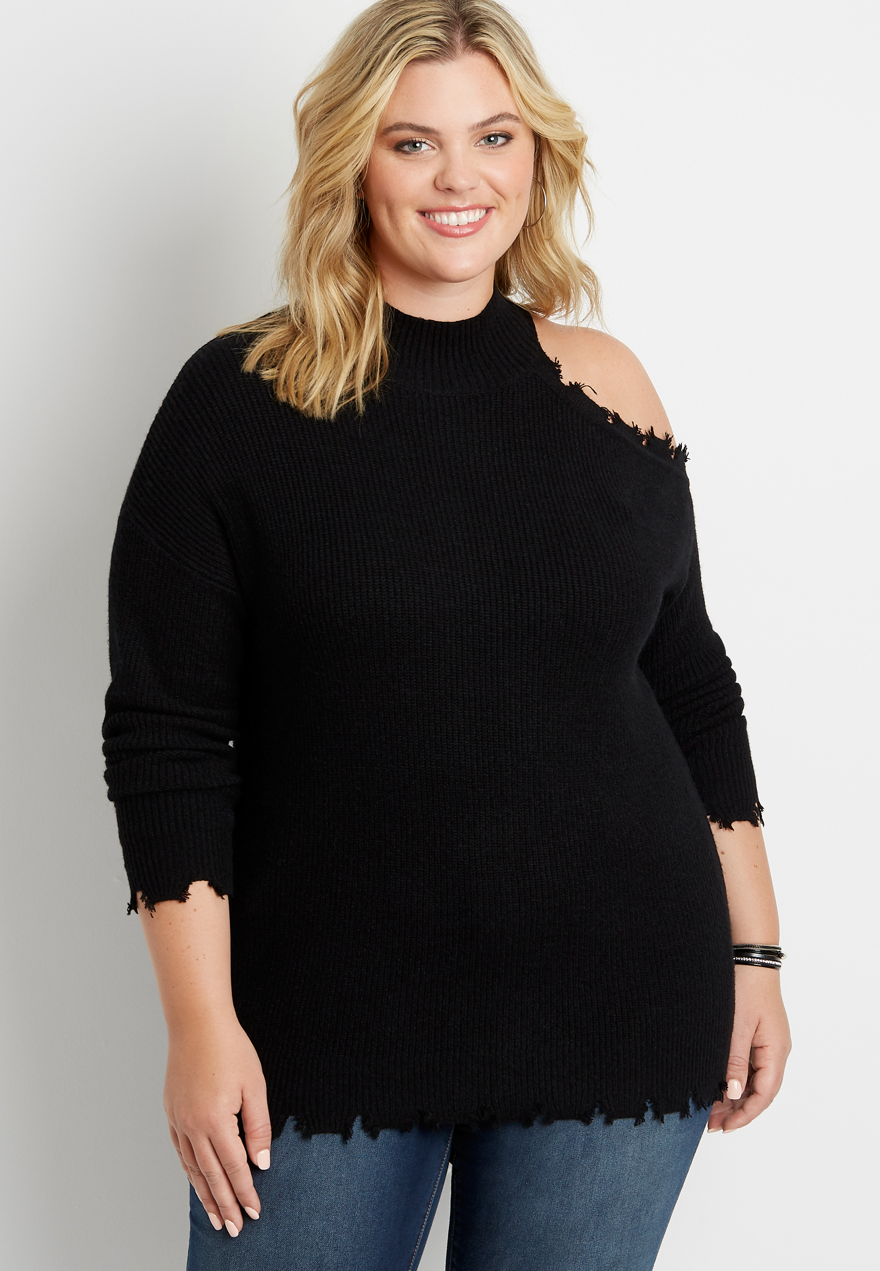 Plus Size Destructed Asymmetrical Cold Shoulder Pullover Sweater | maurices