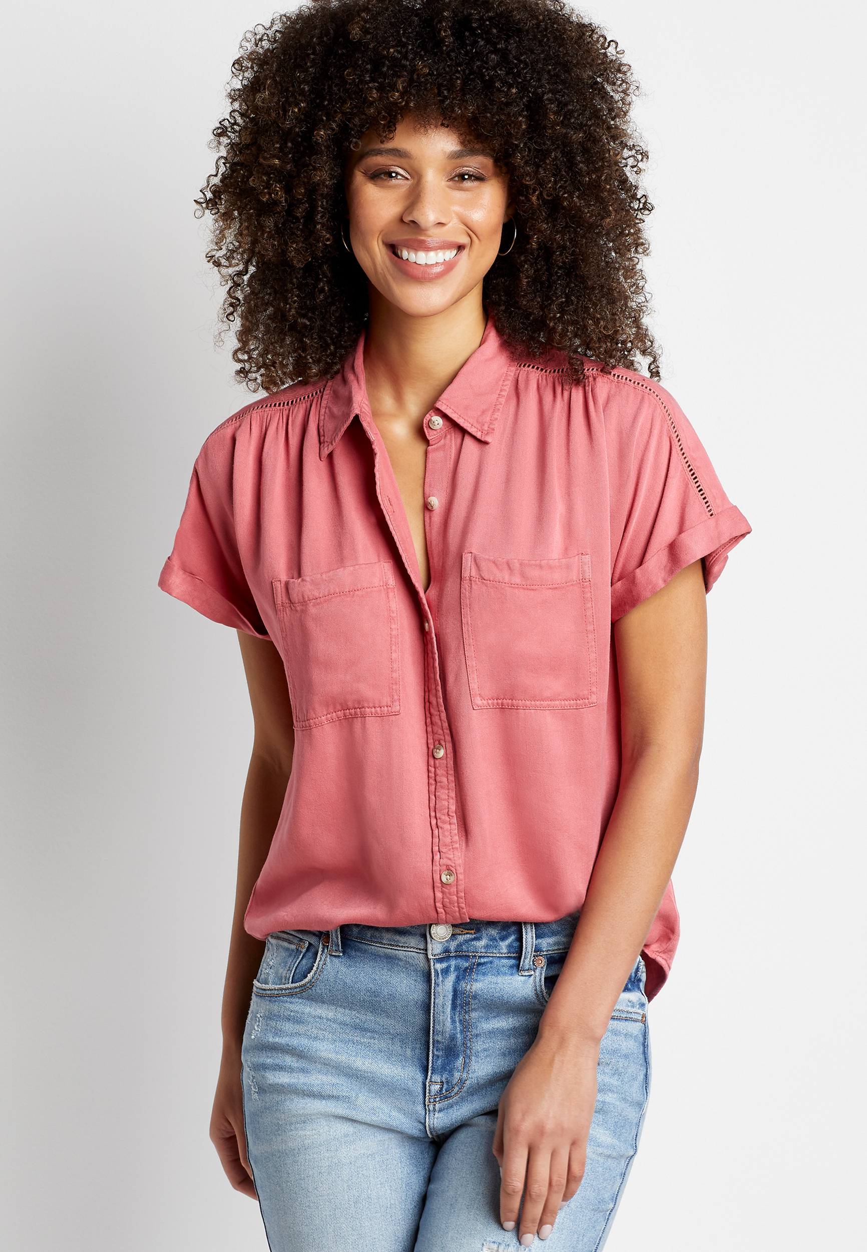 Urban Romantics Coral Short-Sleeve Button-Down Shirt outlets