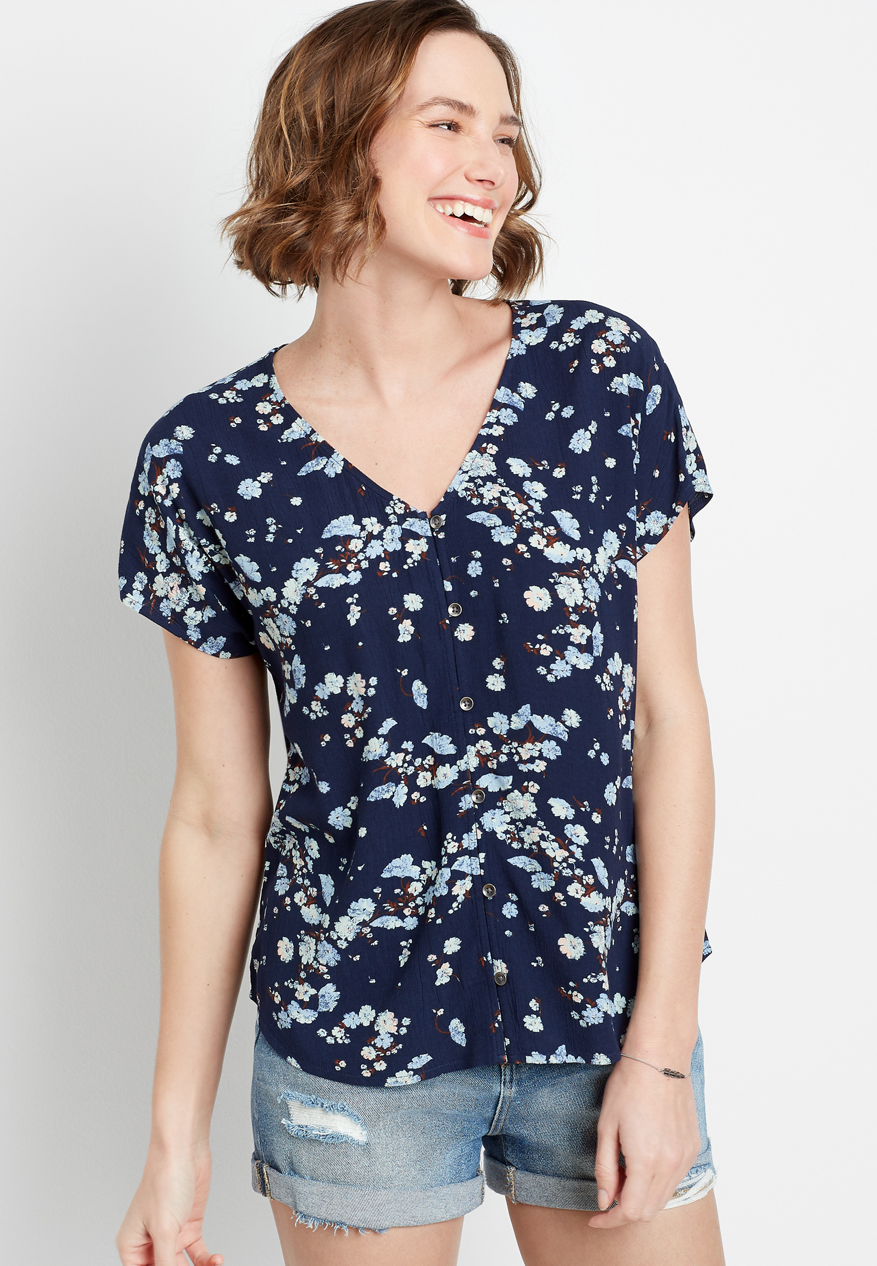 Navy Floral Short Sleeve Button Down Shirt | maurices
