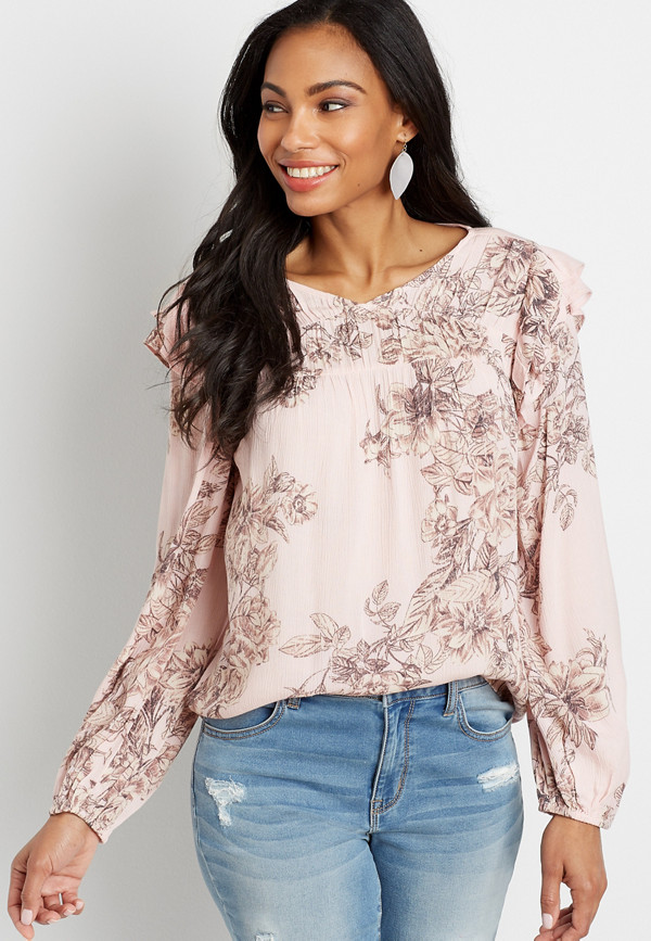 Pink Floral Ruffle Long Sleeve Peasant Top | maurices