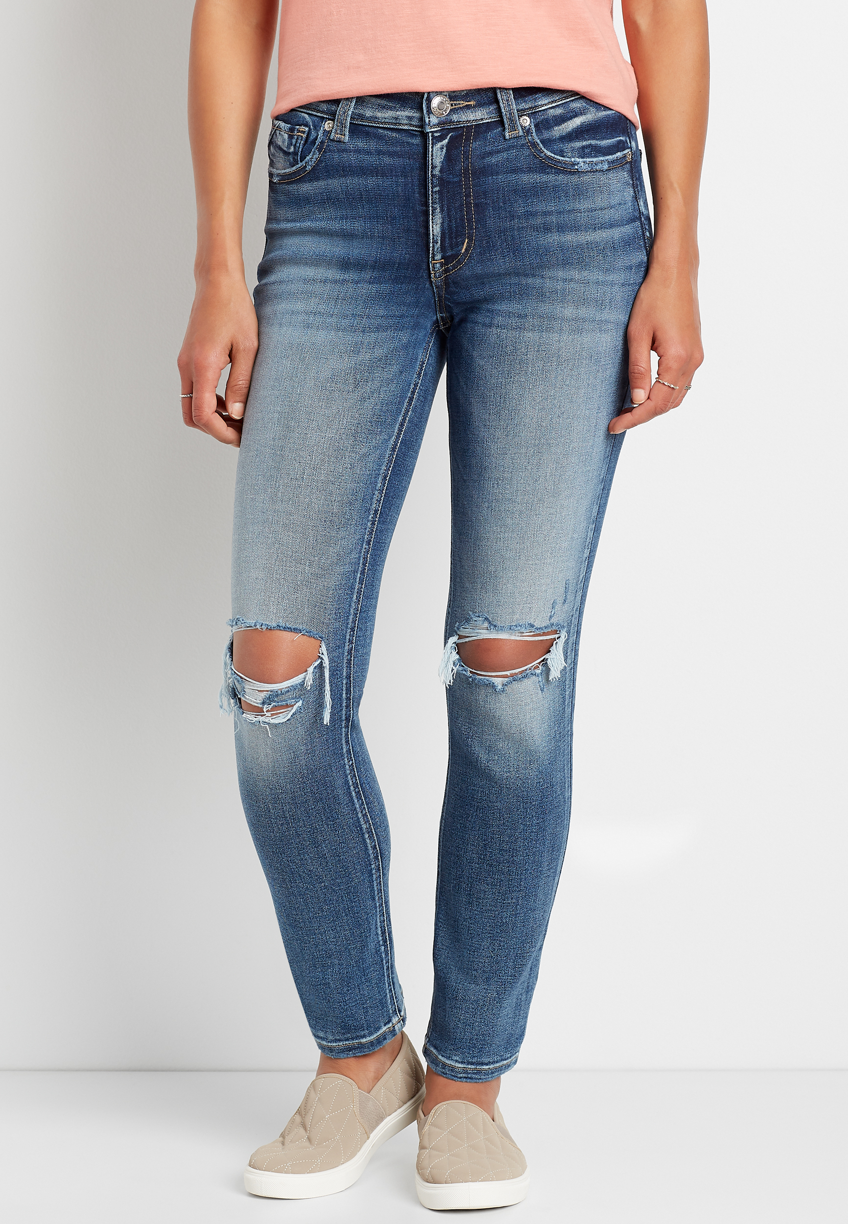 Premium High Rise Medium Destructed Slim Straight Leg Jean | maurices