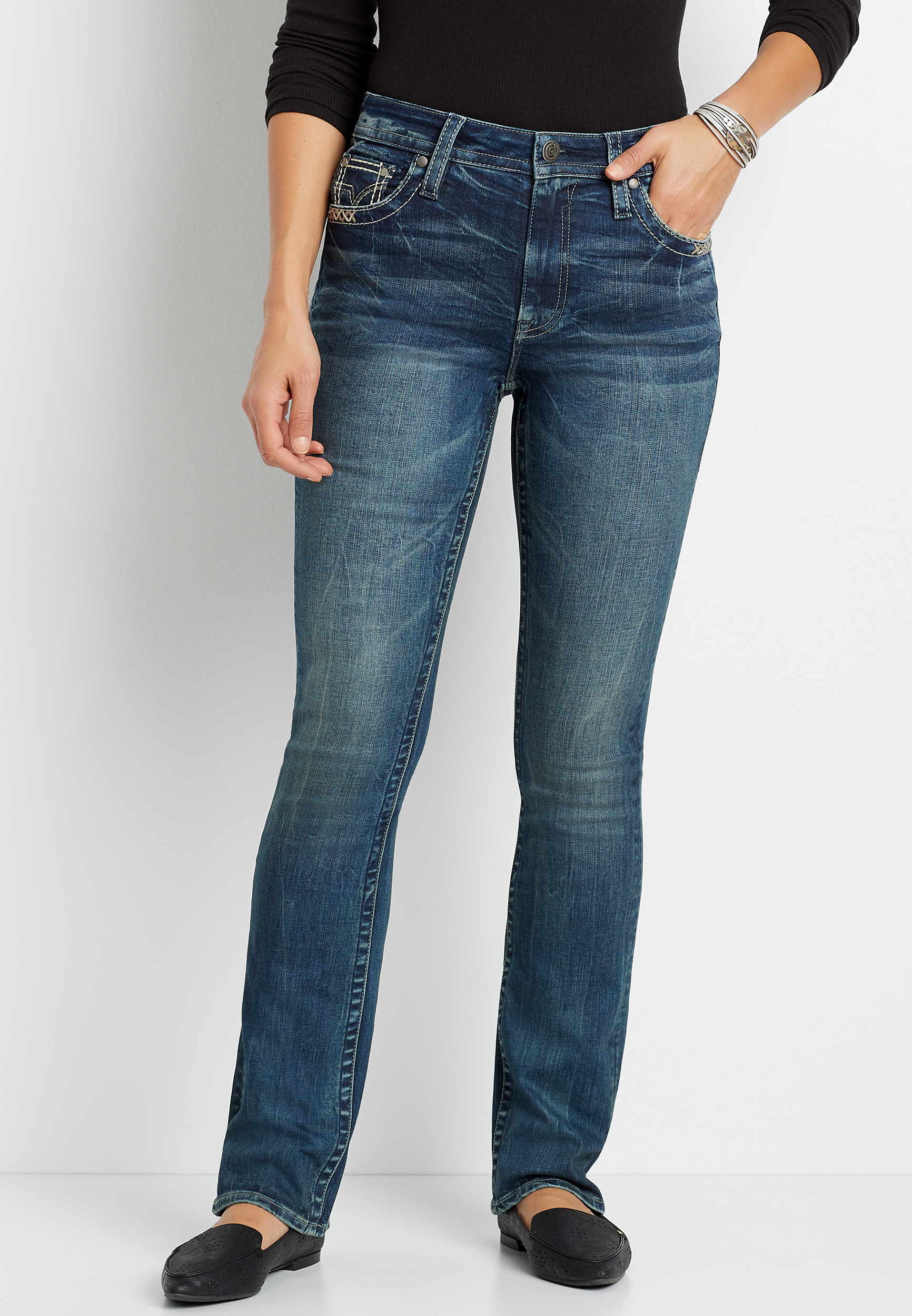 Image of Vigoss® Womens High Rise Dark Wash Fray Hem Slim Boot Jeans Blue - Maurices