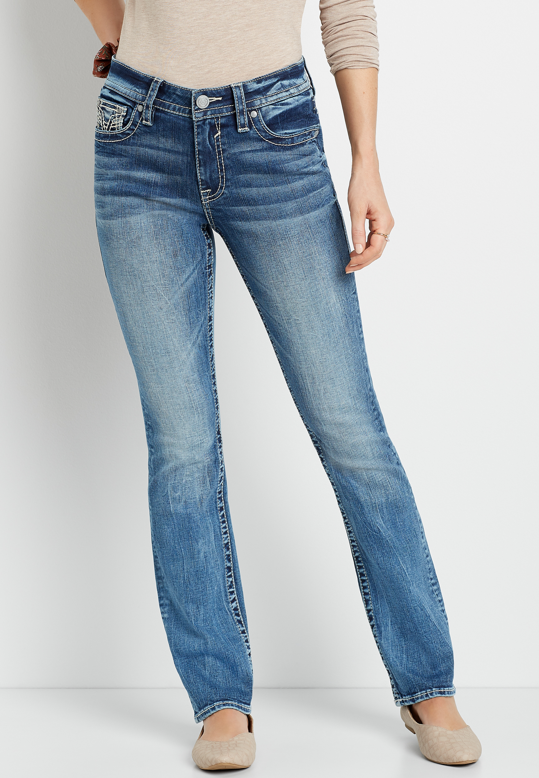Image of Vigoss® Womens Medium Wash Thick Stitch Pocket Slim Boot Jeans Blue - Maurices