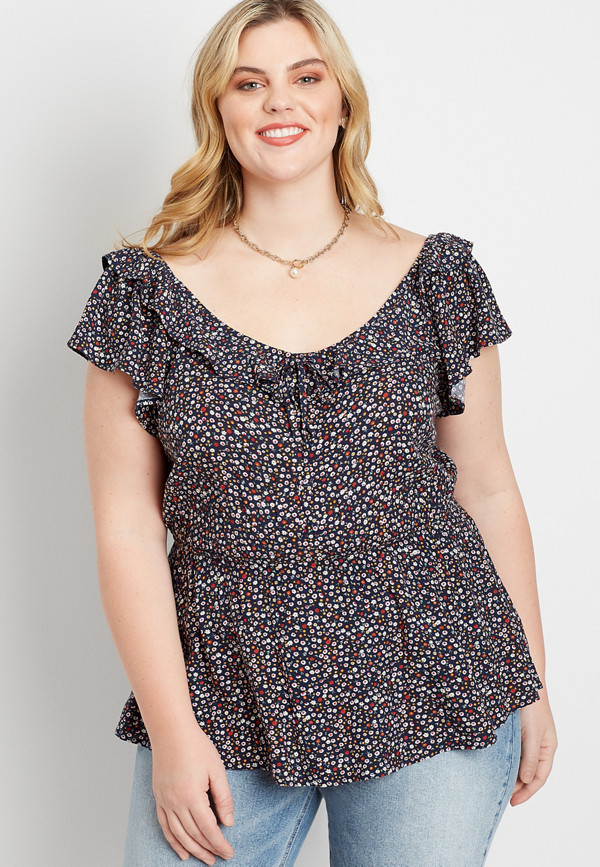 Plus Size Navy Floral Ruffle Trim Top | maurices