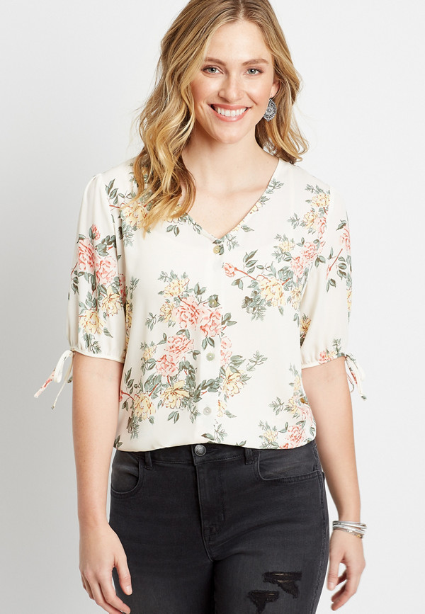 White Floral Button Front V Neck Blouse | maurices