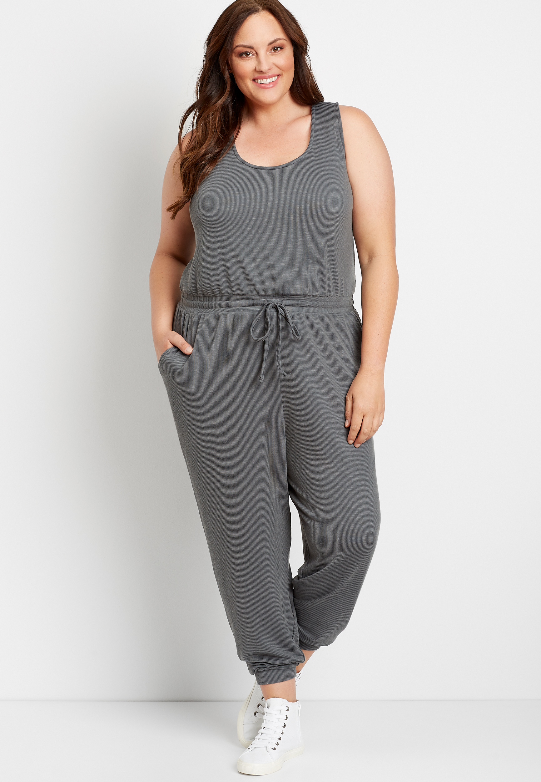 Plus Size 24/7 Ribbed Jogger Drawcord Pocket Jumpsuit | maurices