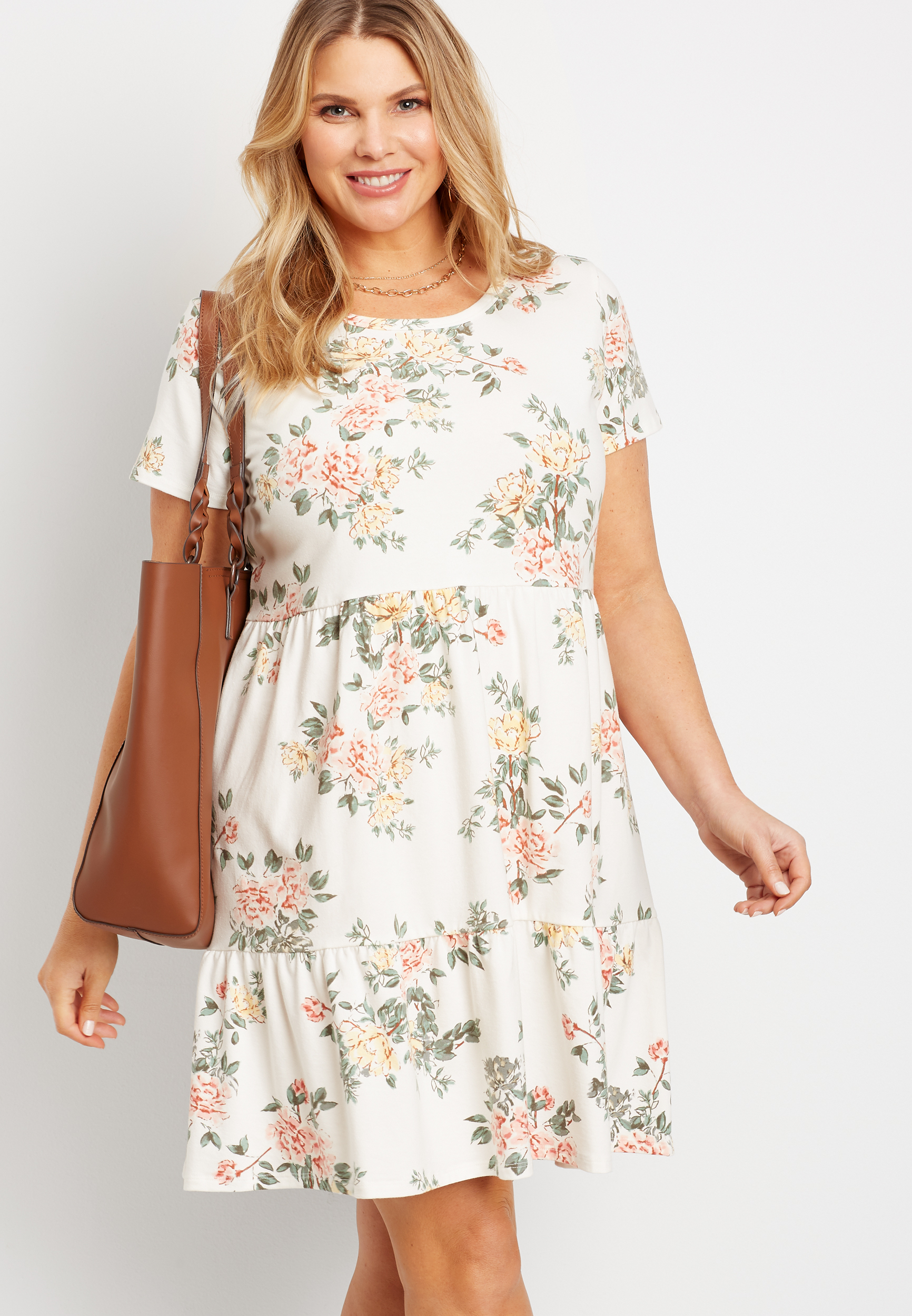 Plus Size 24/7 White Floral Tiered Babydoll Mini Dress | maurices