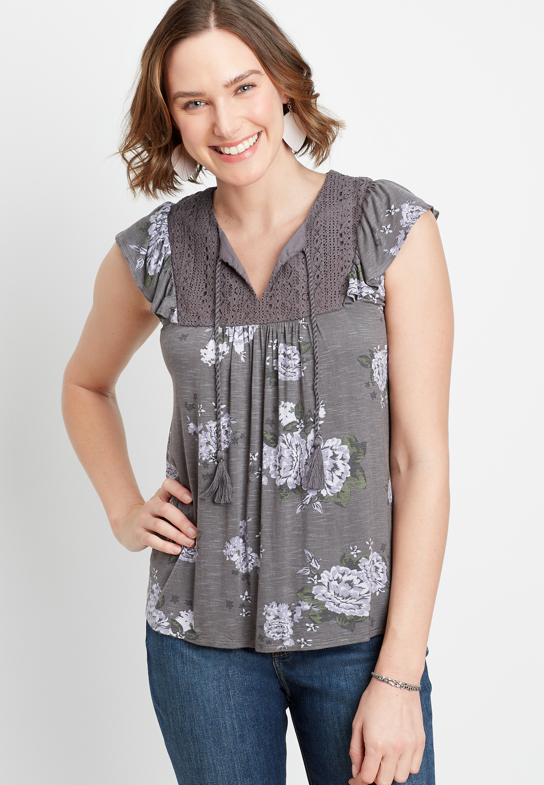 Gray Floral Lace Blouse | maurices