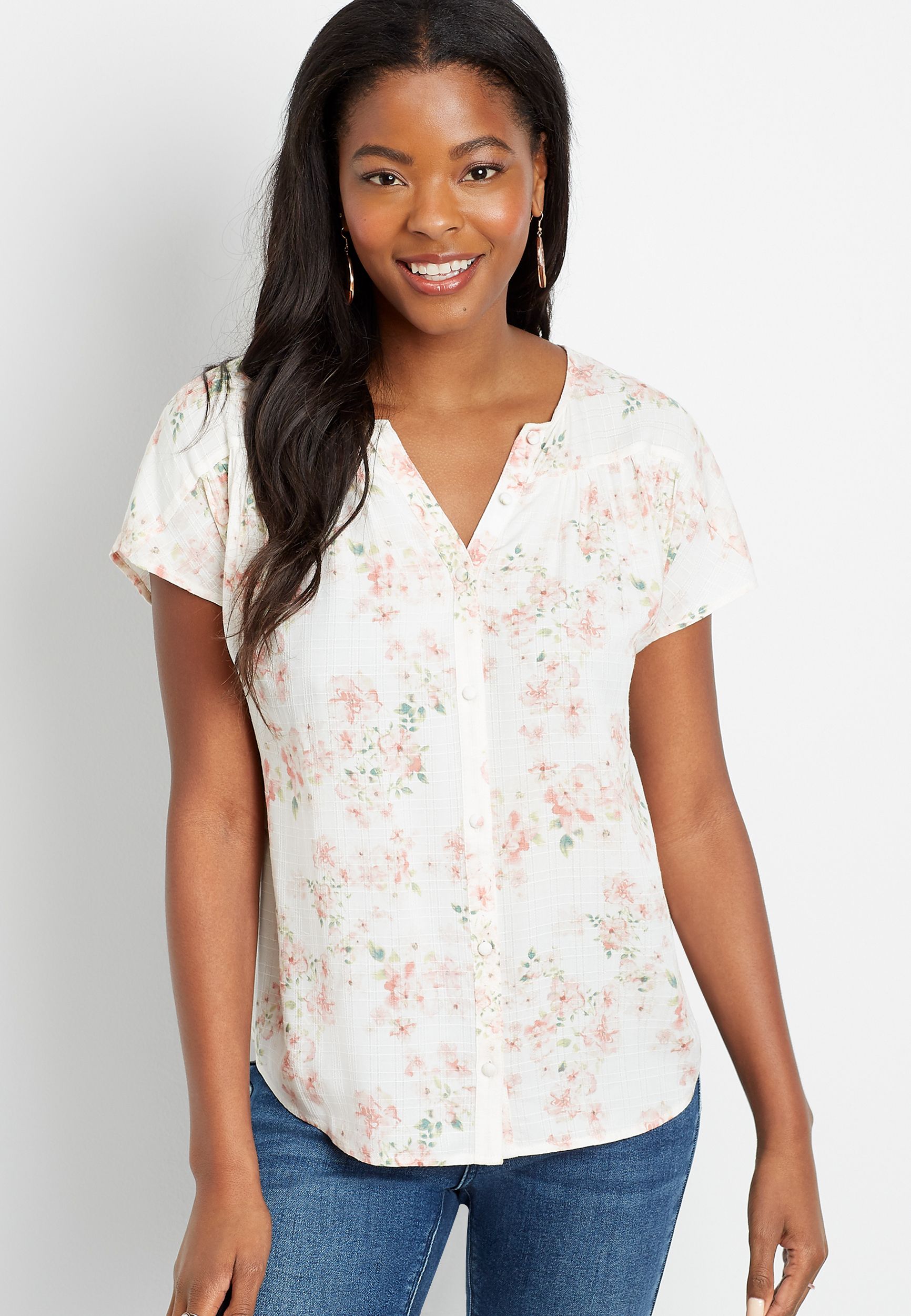 White Floral Short Sleeve Button Down Shirt | maurices