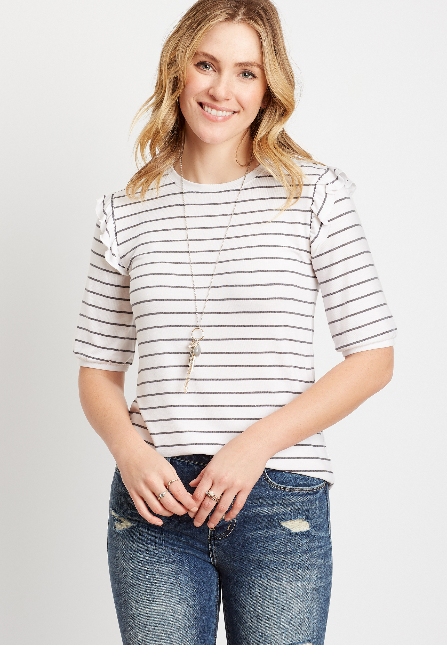 black and white striped ruffle top
