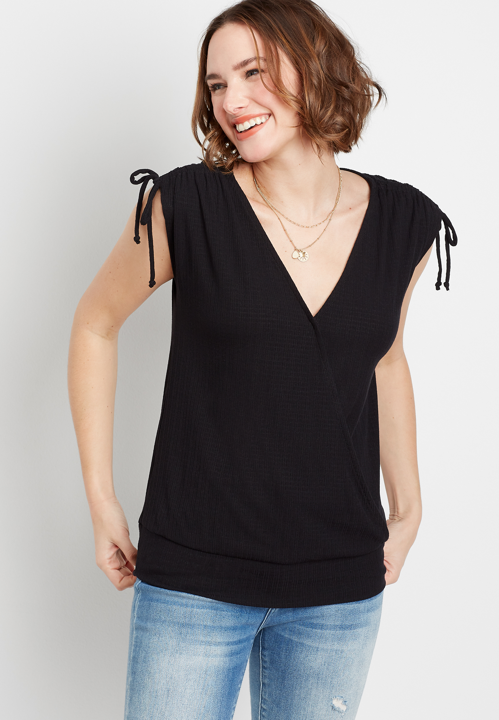 Black Cinched Sleeve Tank Top | maurices
