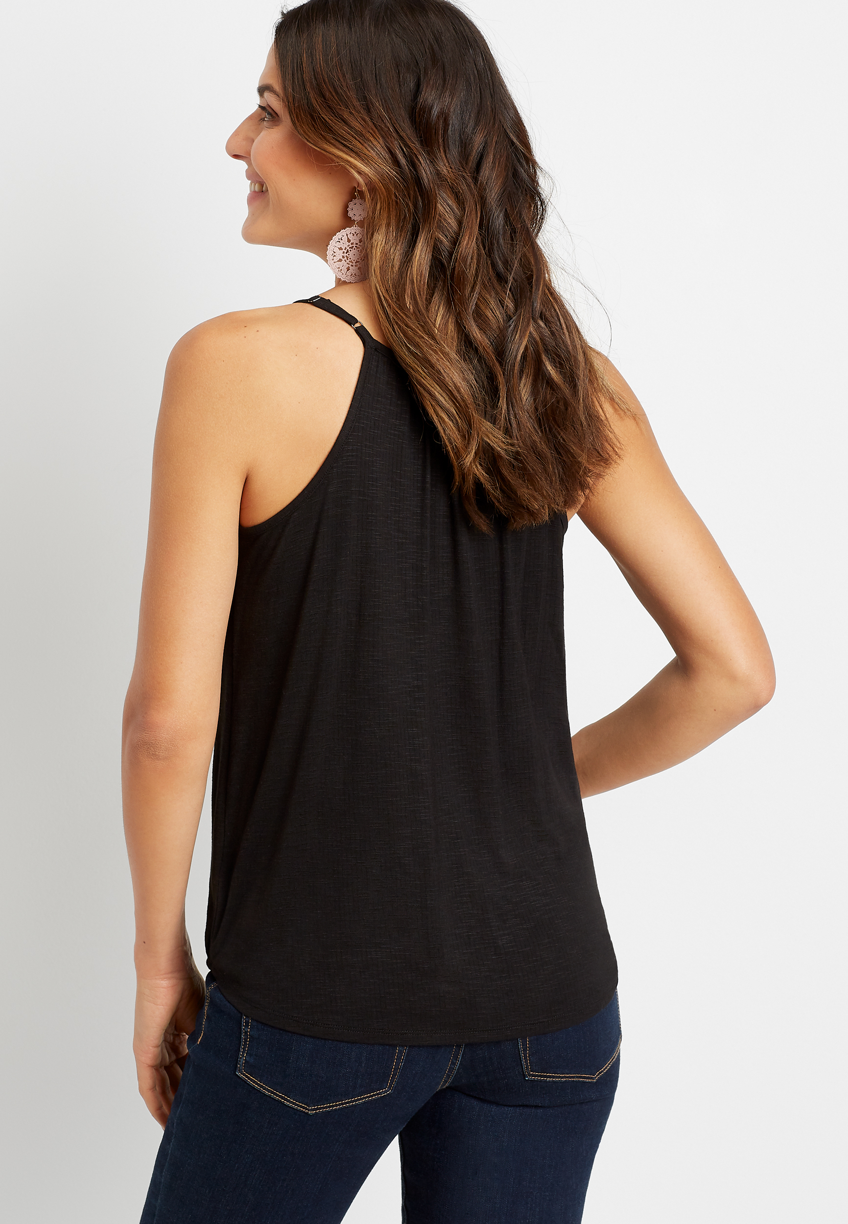 Solid Wrap Knit Crochet Tank Top, BLACK, large