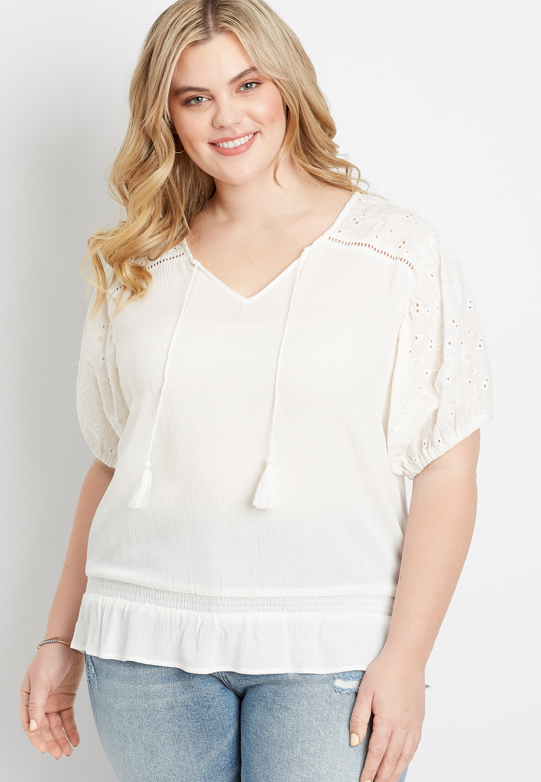 Plus Size White Eyelet Lace Puff Sleeve Top | maurices