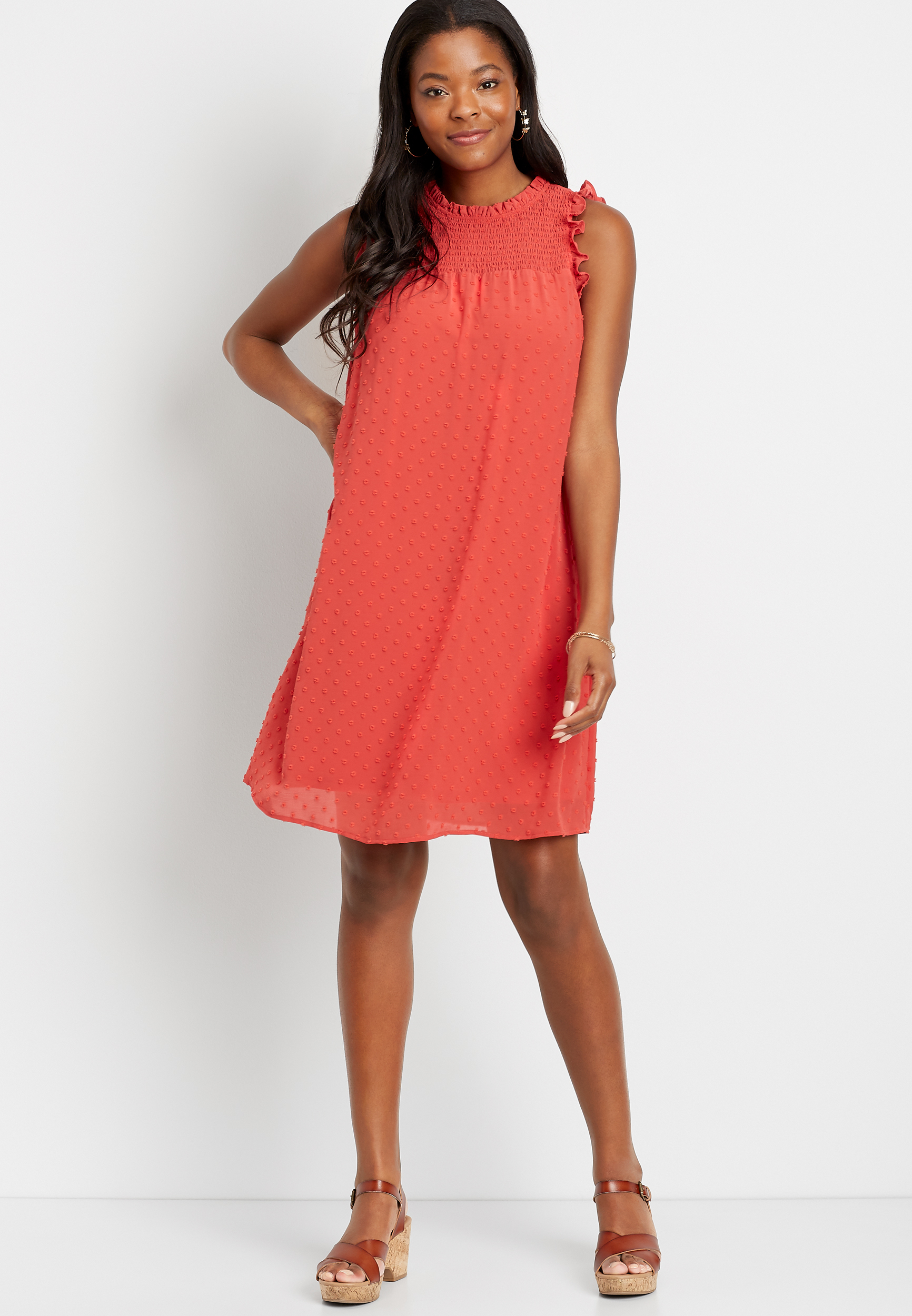 Red Ruffled Mock Neck Shift Dress maurices