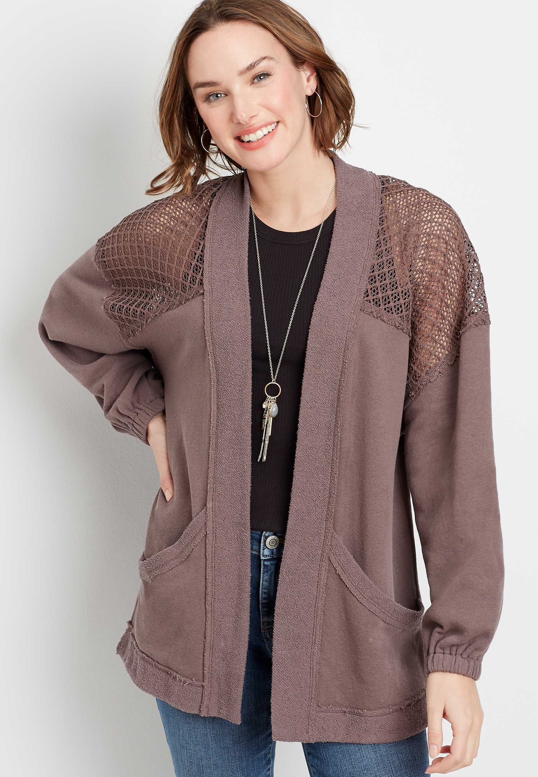 Brown Crochet Open Front Cardigan | maurices
