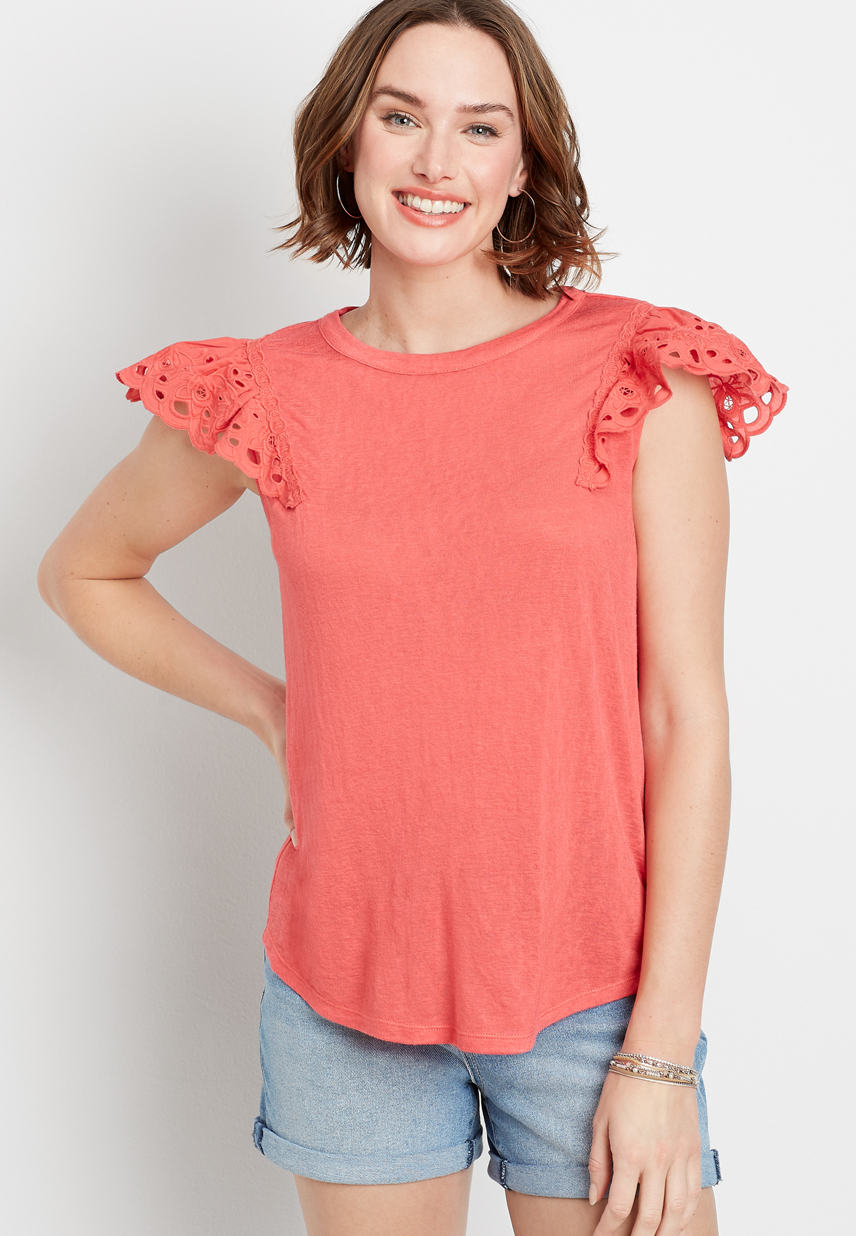 Eyelet Solid Flutter Short Sleeve Top Maurices 