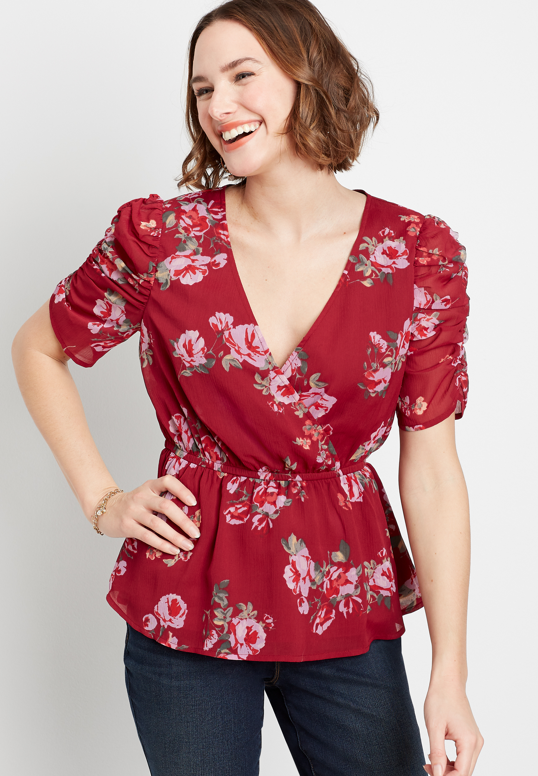 Red Floral Mesh Ruched Sleeve Top | maurices