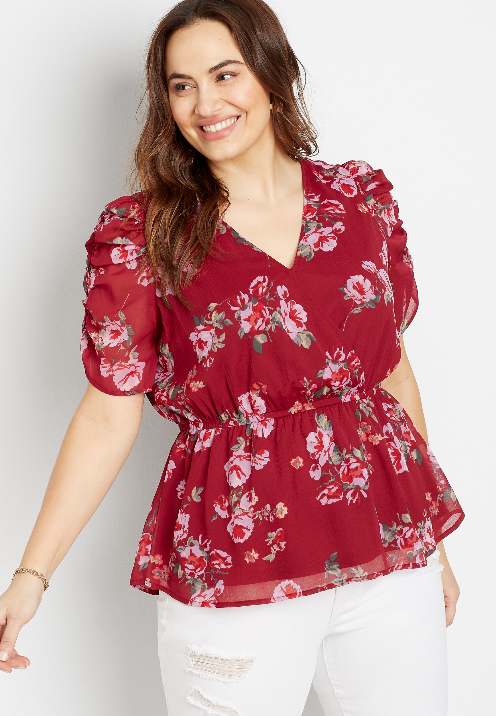 Plus Size Red Floral Mesh Ruched Sleeve Top | maurices