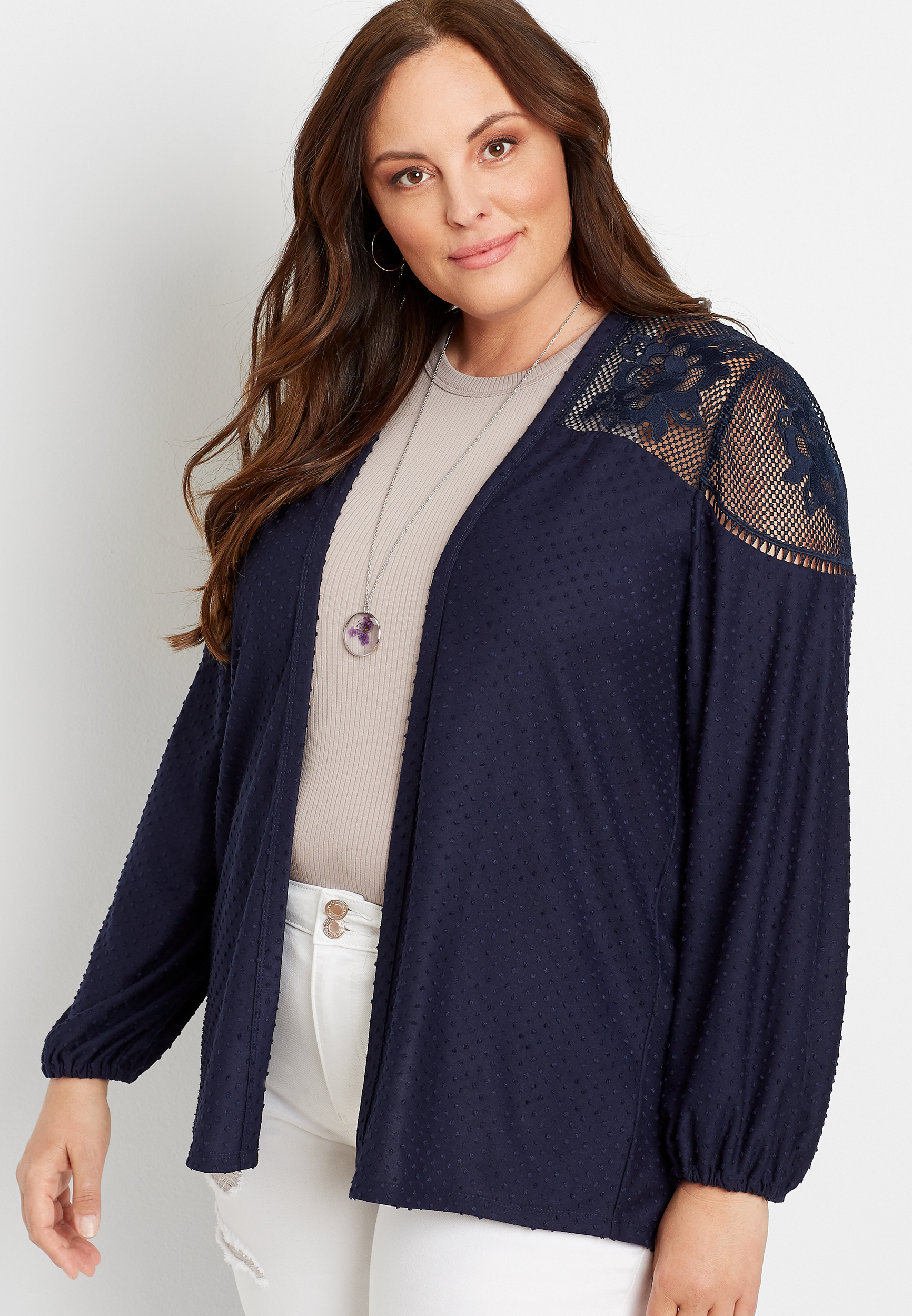 Plus Size Navy Lace Yoke Swiss Dot Open Front Cardigan | maurices
