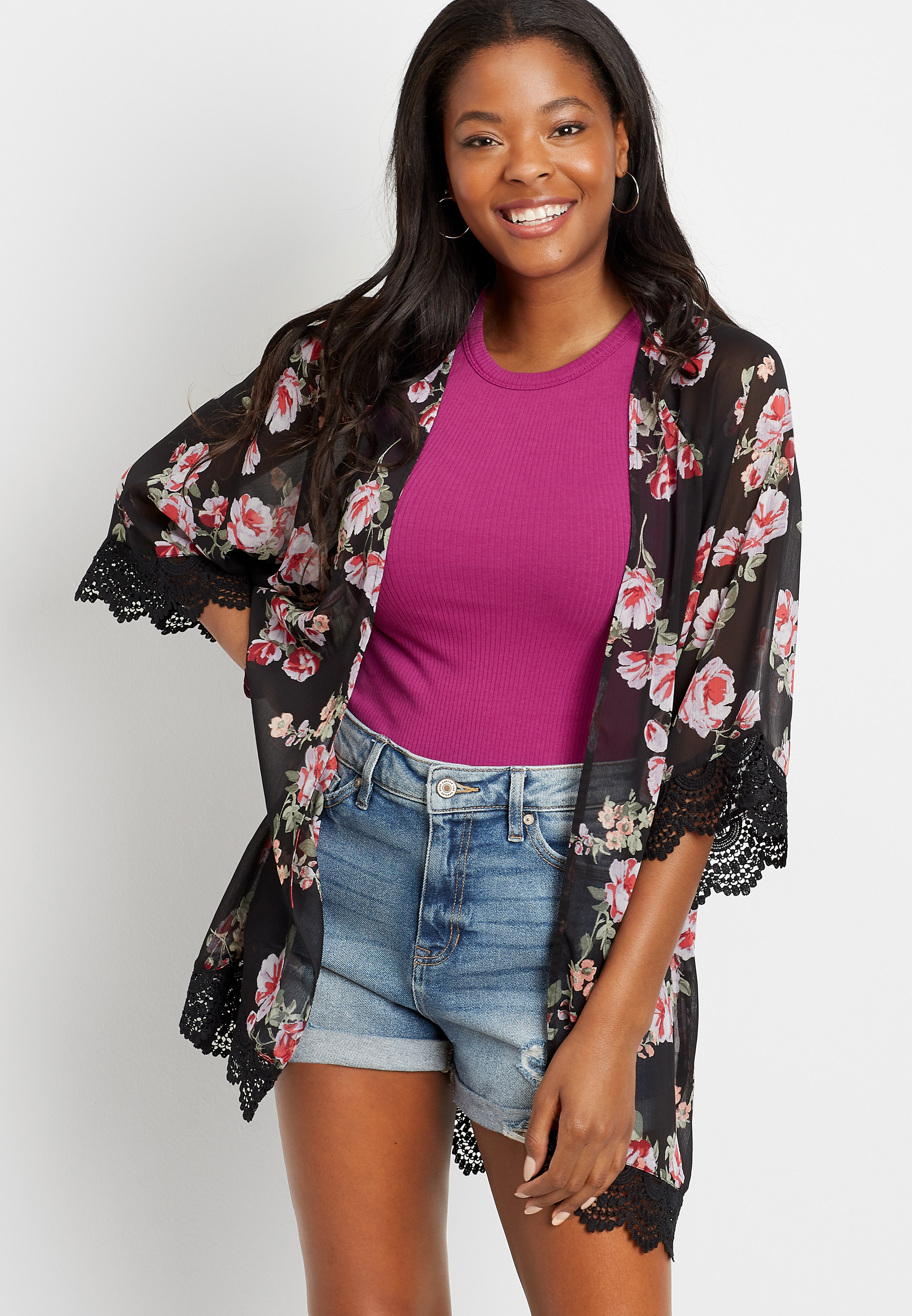 Black Floral Crochet Trim Kimono | maurices