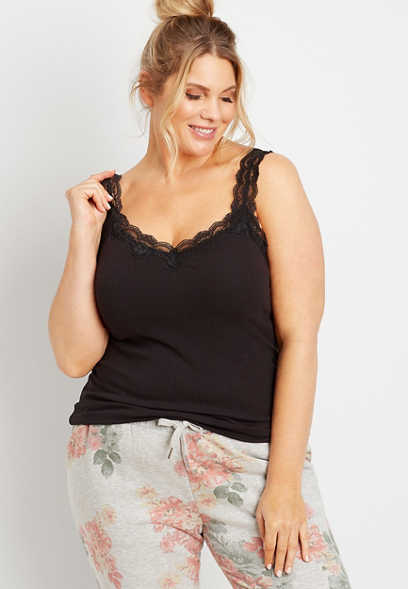 Plus Size Solid Lace Trim Ribbed Tank Top