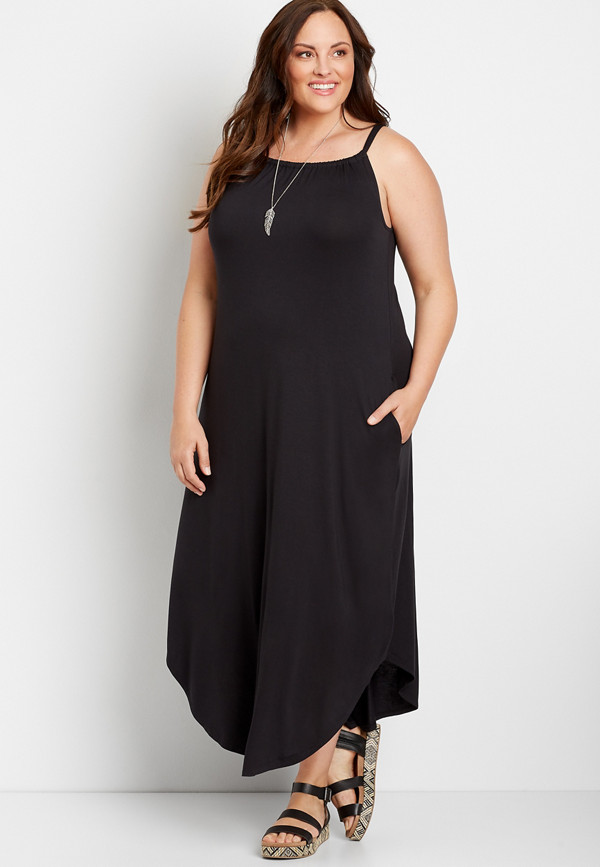 Plus Size 24/7 Black Halter Neck Pocket Maxi Dress | maurices