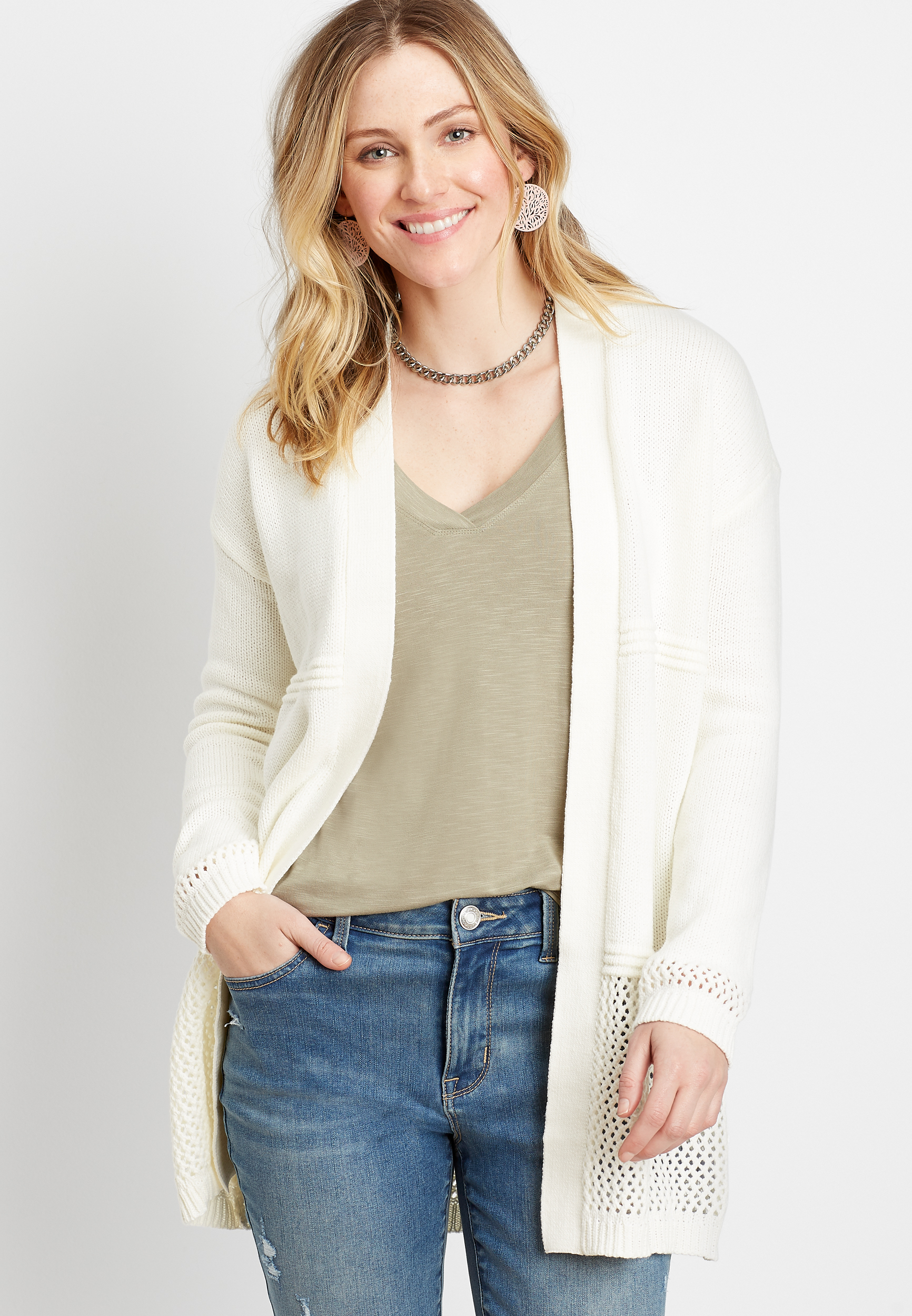 Soft White Open Stitch Cardigan | maurices