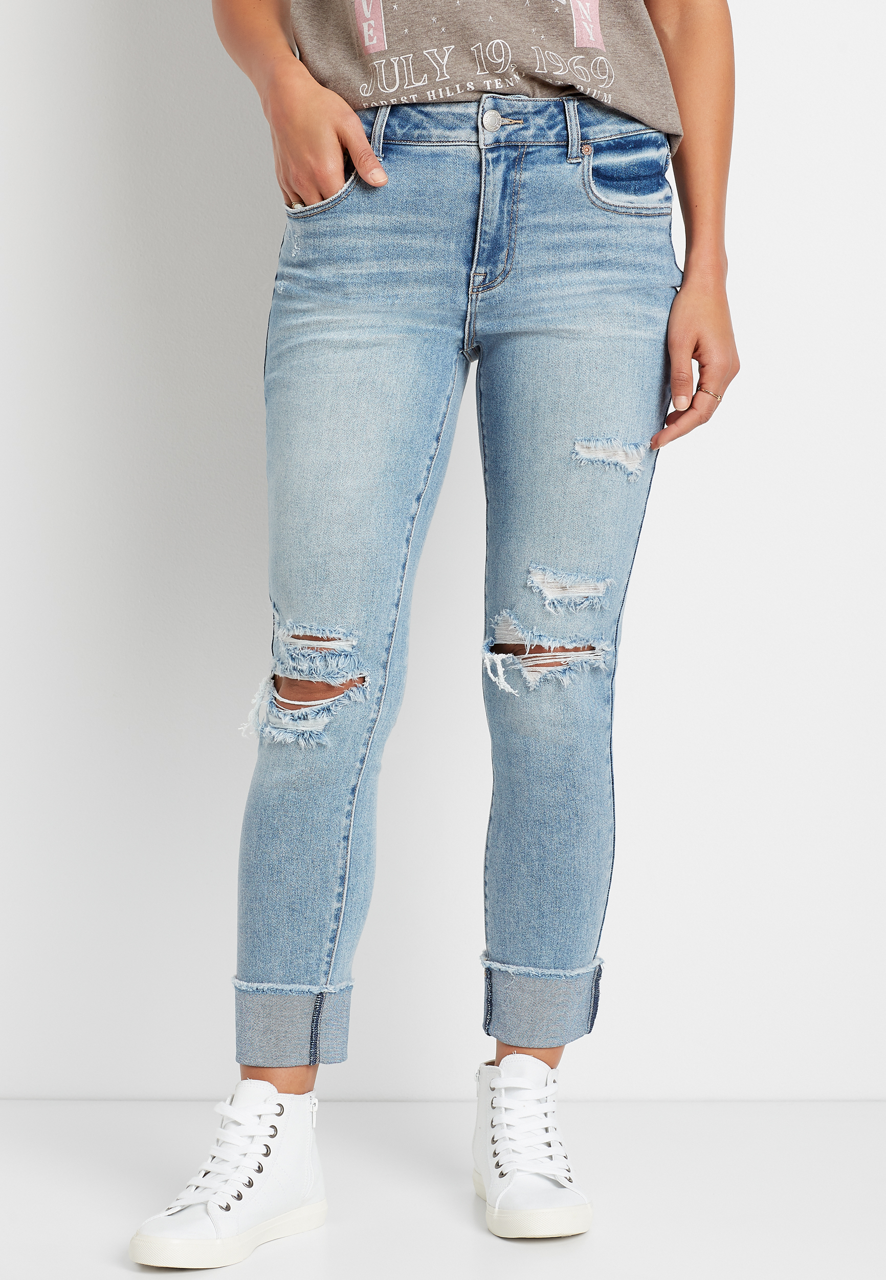m jeans by maurices™ Vintage Slim Straight High Rise Ripped Jean | maurices