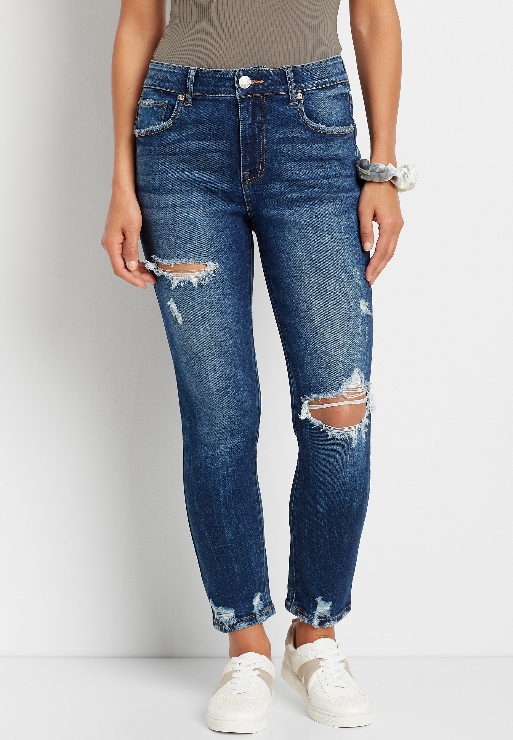 Vintage High Rise Dark Ripped Slim Straight Leg Jean | maurices