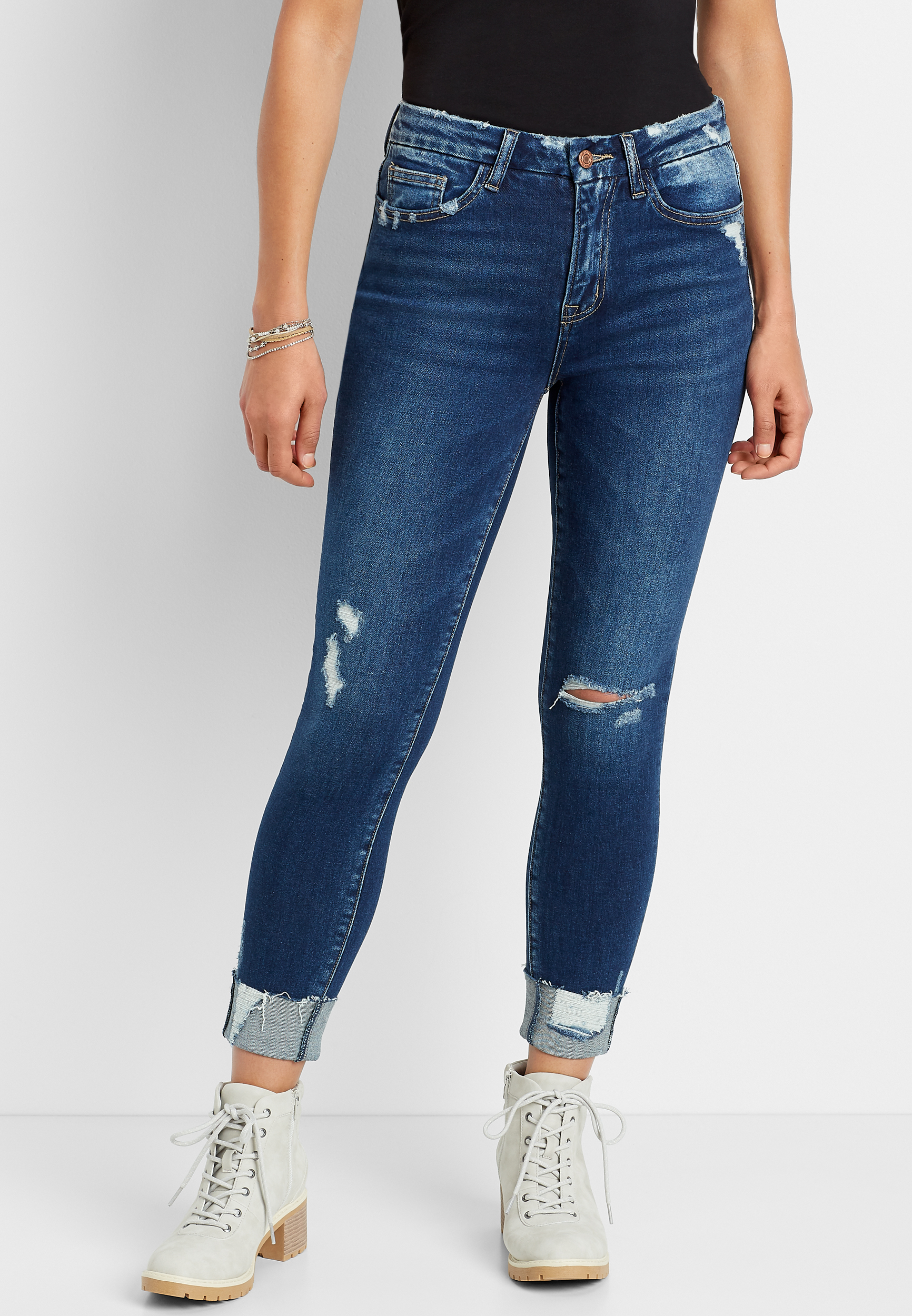 Image of Maurices Womens Vervet&trade; High Rise Dark Destructed Cuff Skinny Ankle Jeans Blue