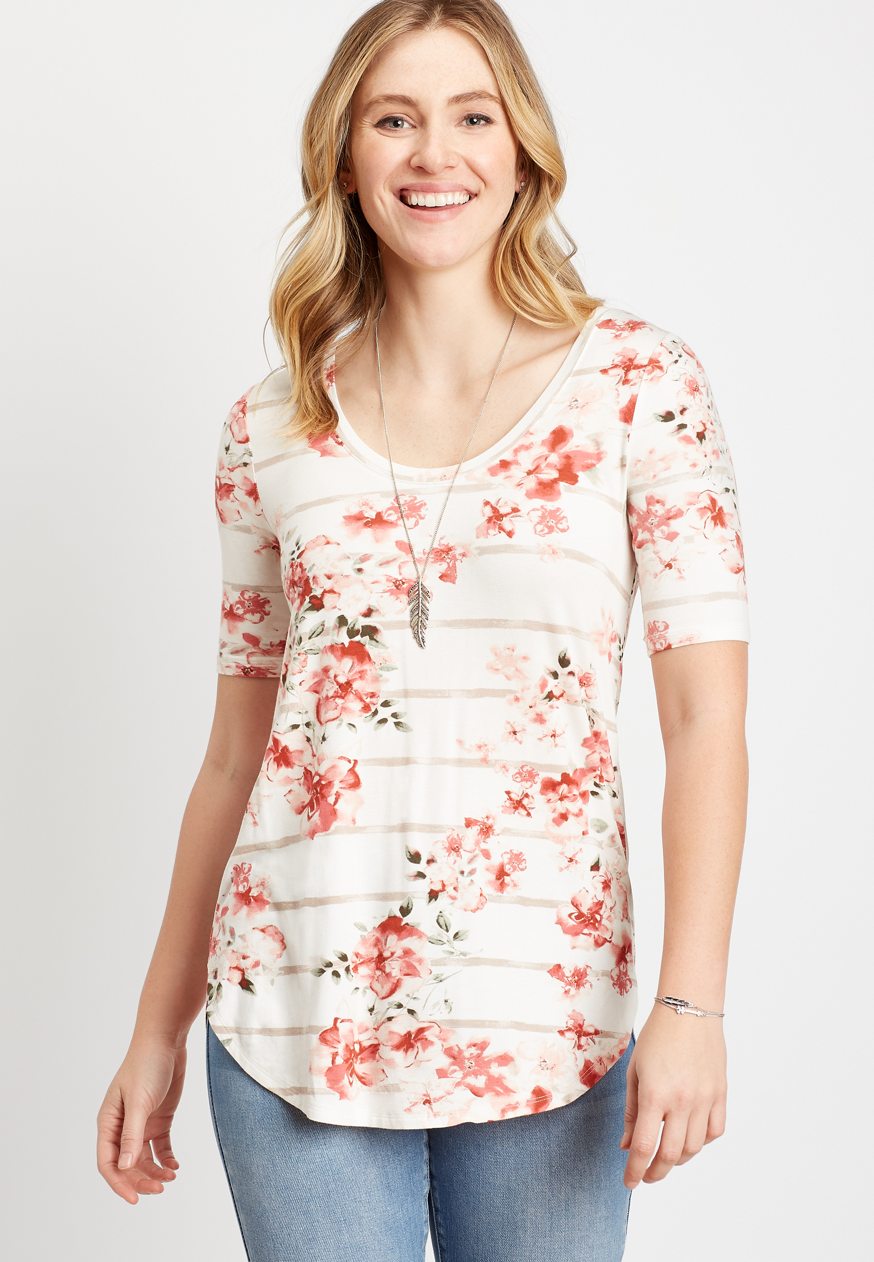 24/7 Pink Floral Striped Flawless Tee | maurices
